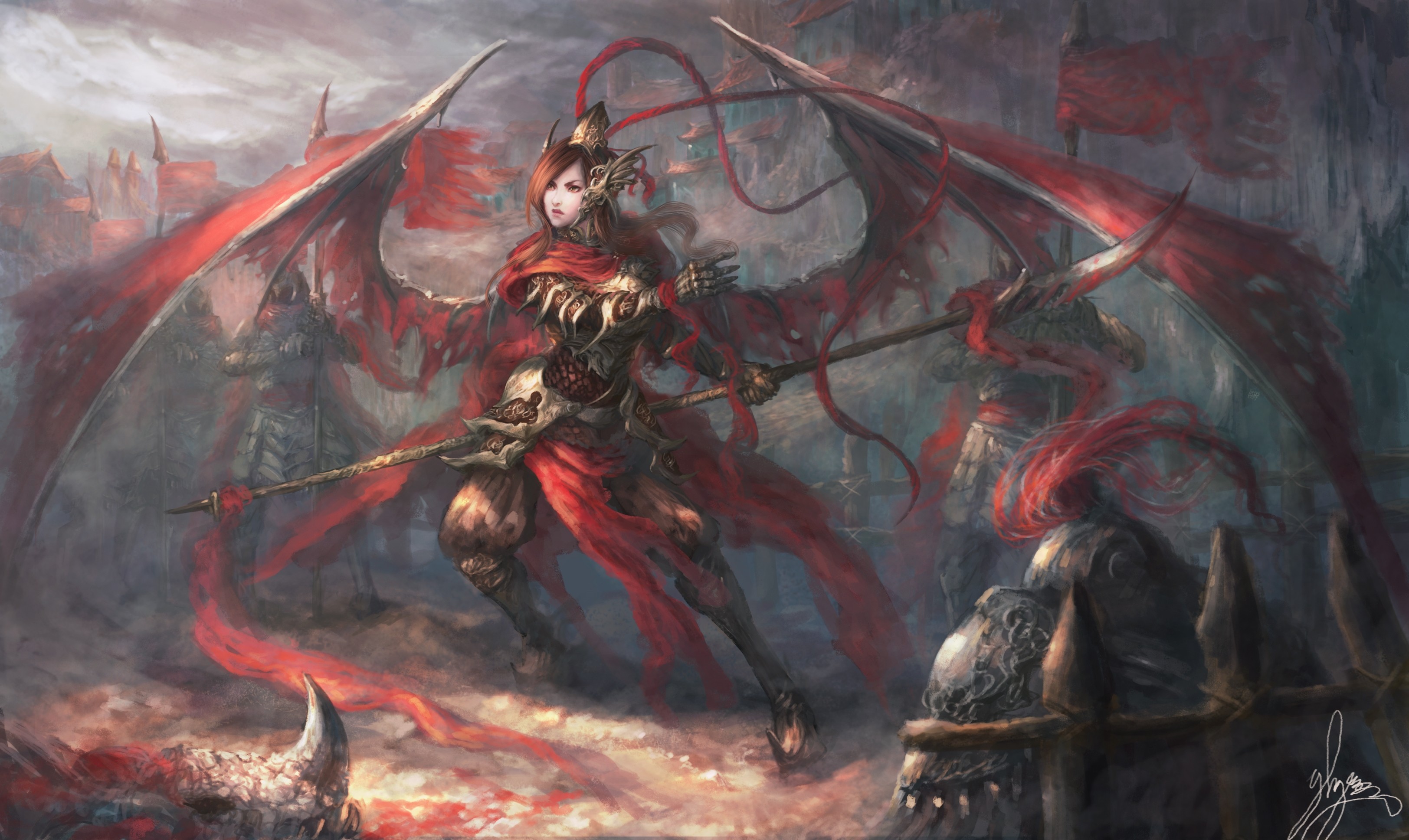 Fantasy warrior with dragon wings and a spear HD Wallpaper