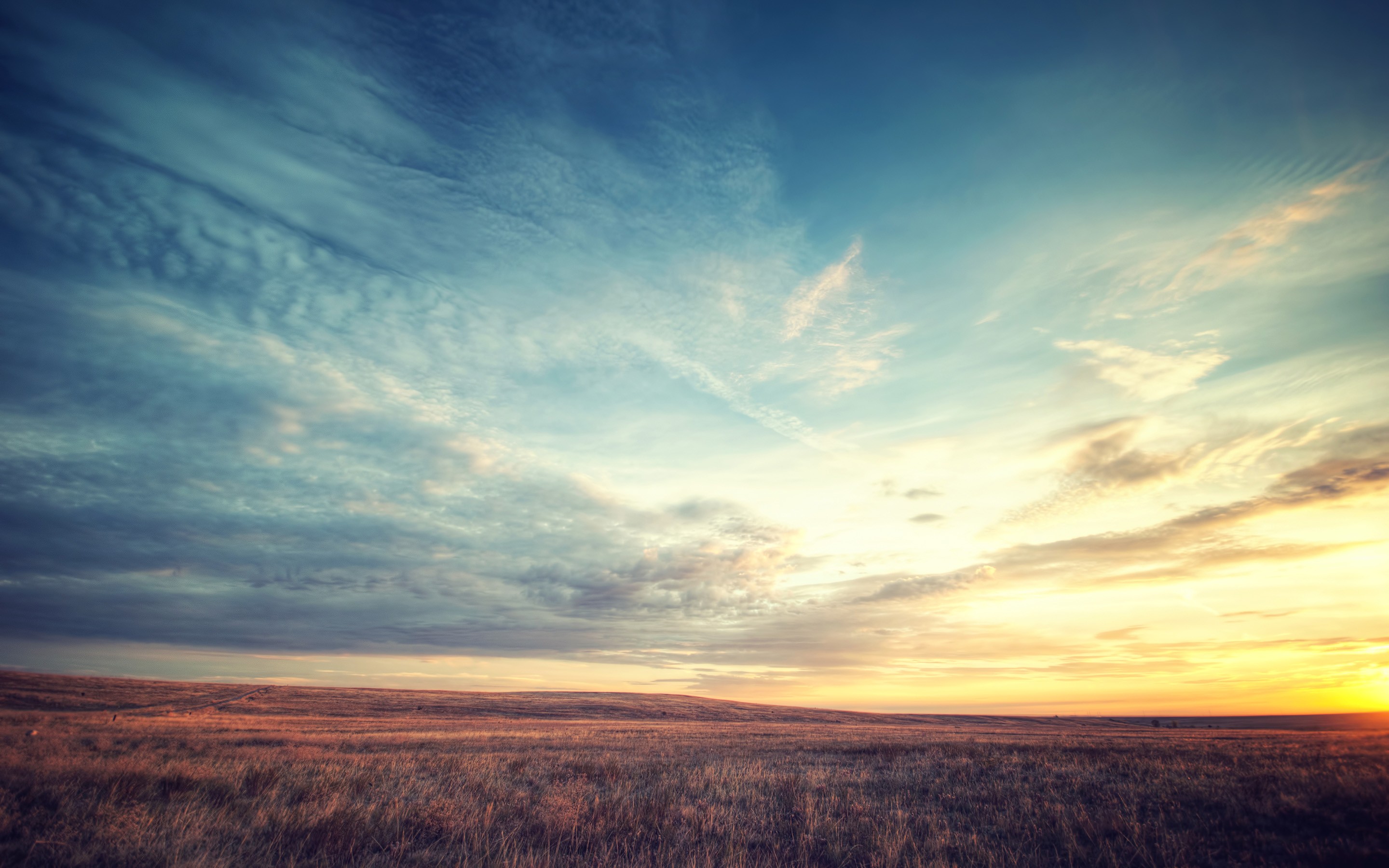 Clouds over a grassy field at sunset HD Wallpaper