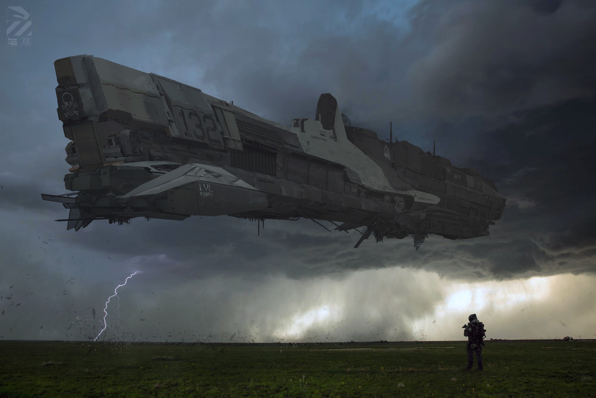 Spaceship hovering in a stormy sky over a field HD Wallpaper