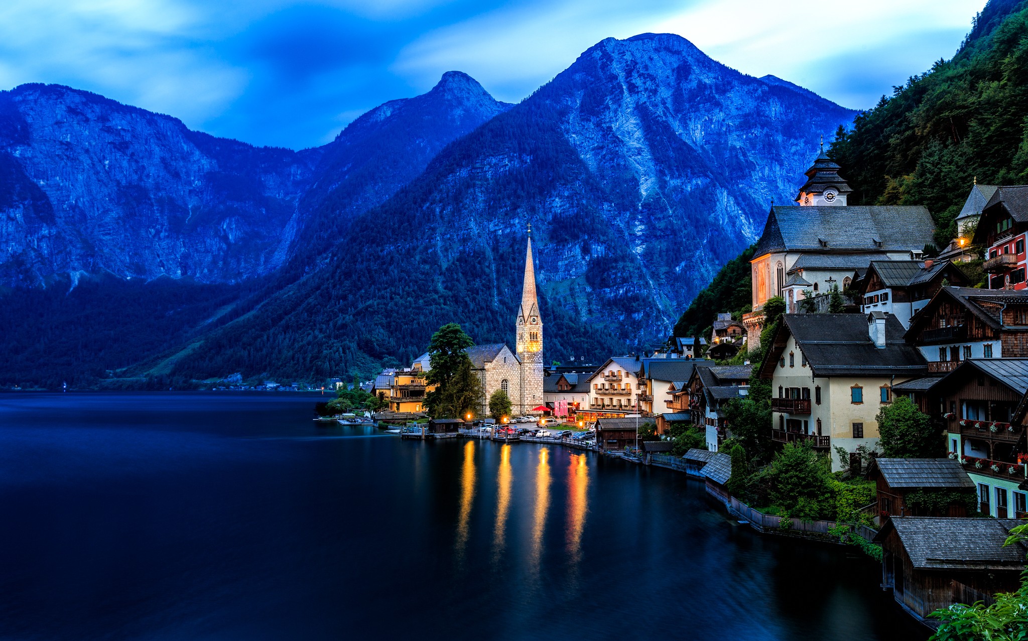 Hallstatt, Austria: Lakeside village at dusk with mountains HD Wallpaper