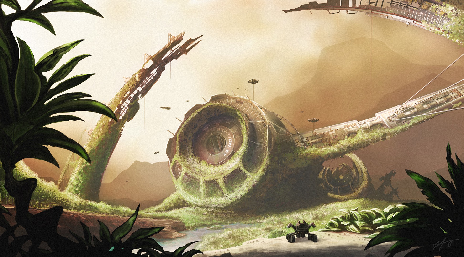 Ruined space station overgrown with plants HD Wallpaper