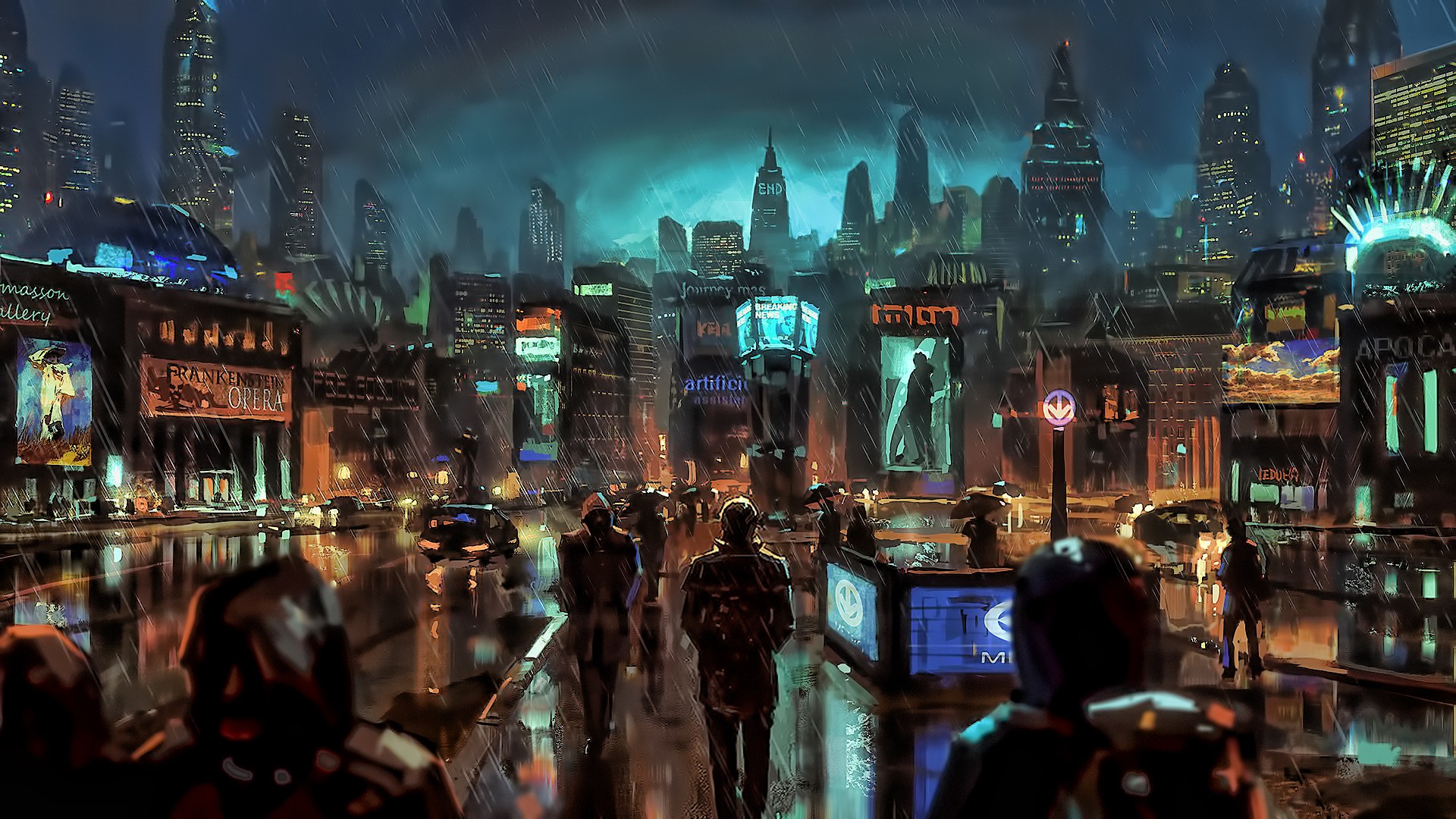 Rainy cyberpunk city street with neon signs HD Wallpaper