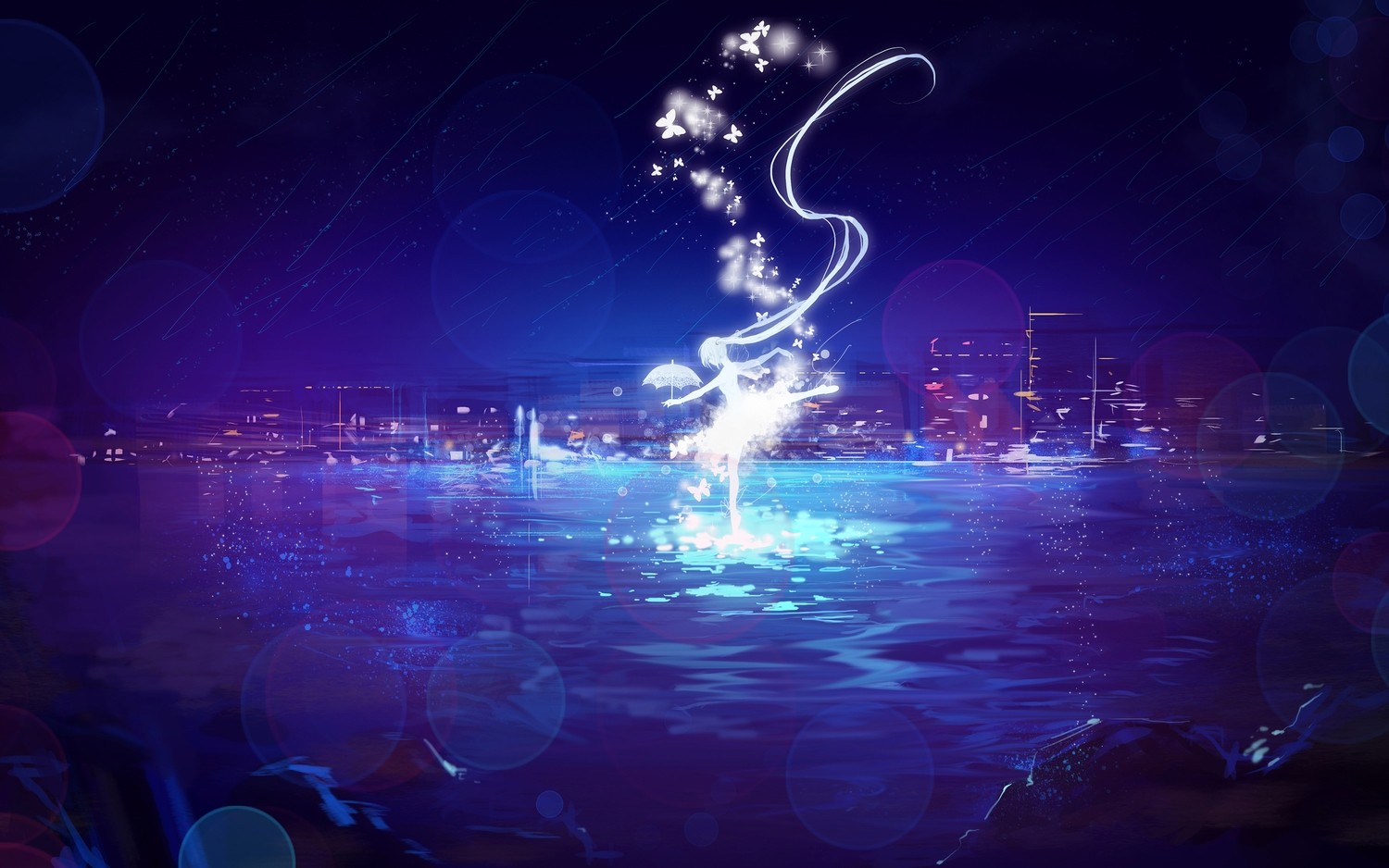 Hatsune Miku dancing on water with butterflies HD Wallpaper