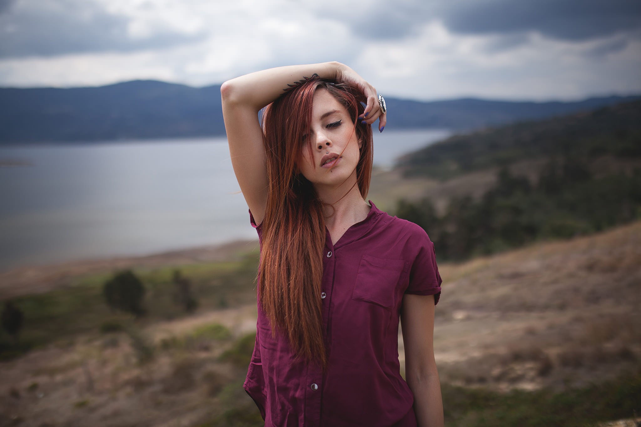 Woman with red hair posing outdoors HD Wallpaper