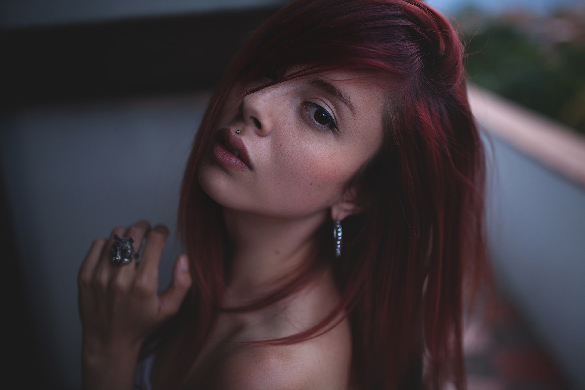 Portrait of a young woman with red hair and piercings HD Wallpaper