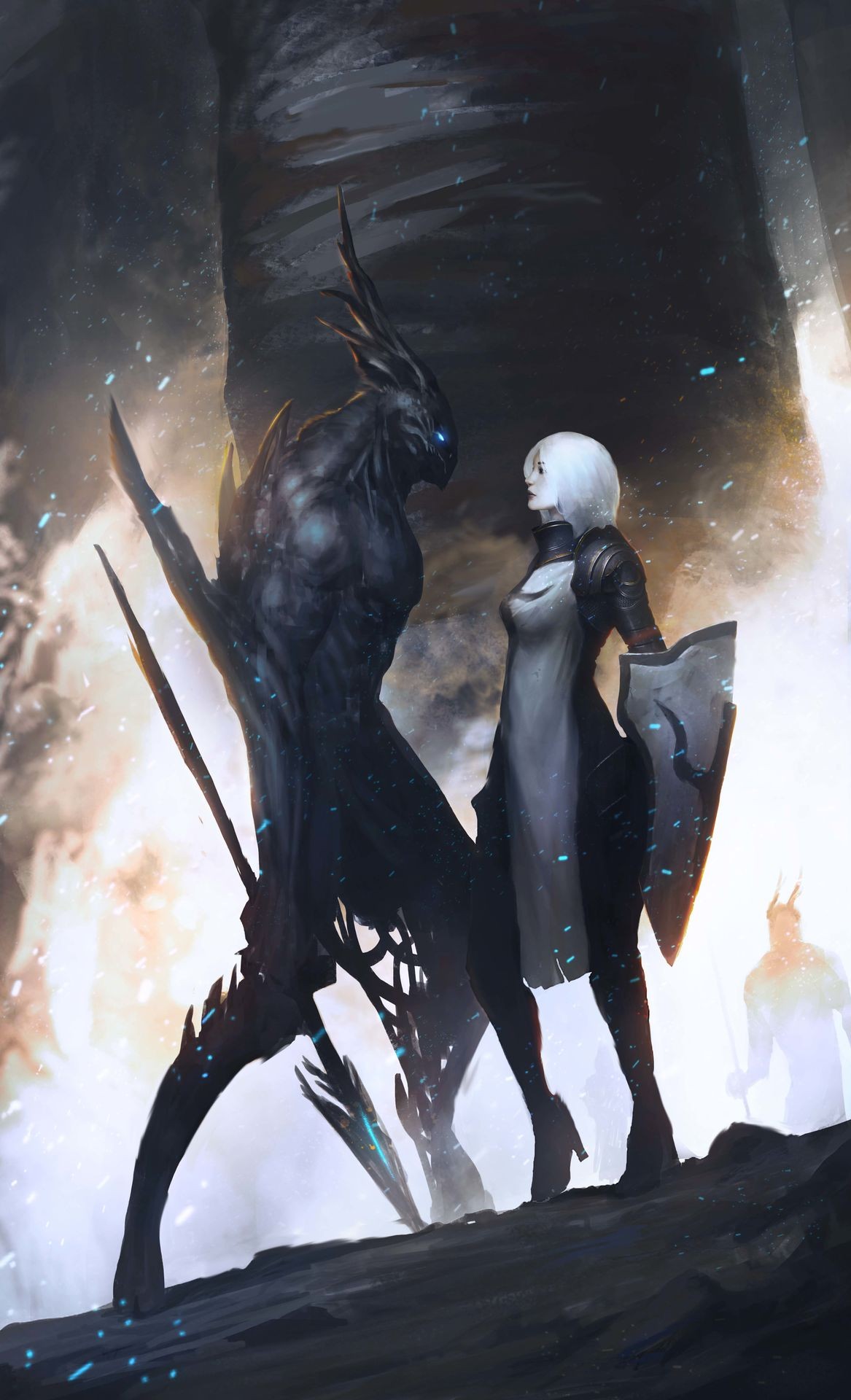 A knight faces a dark creature in a cave HD Wallpaper