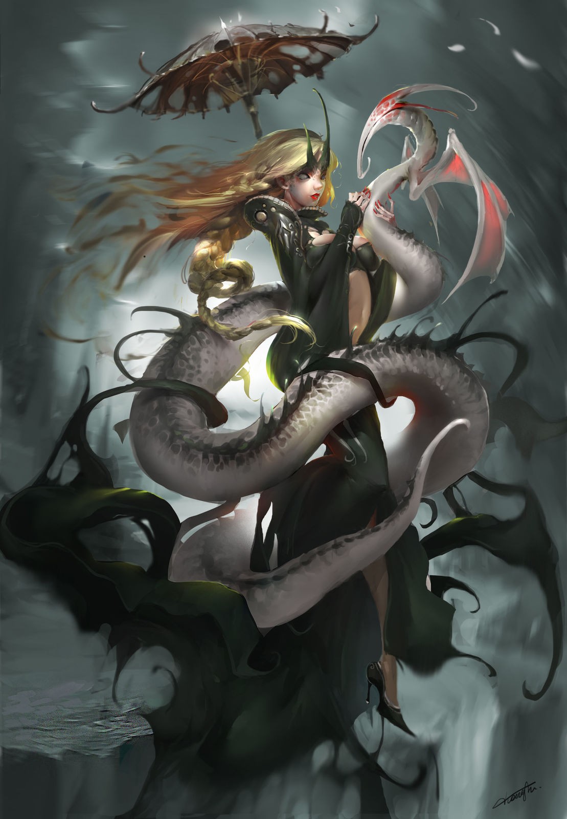 Anime girl with a dragon and umbrella HD Wallpaper