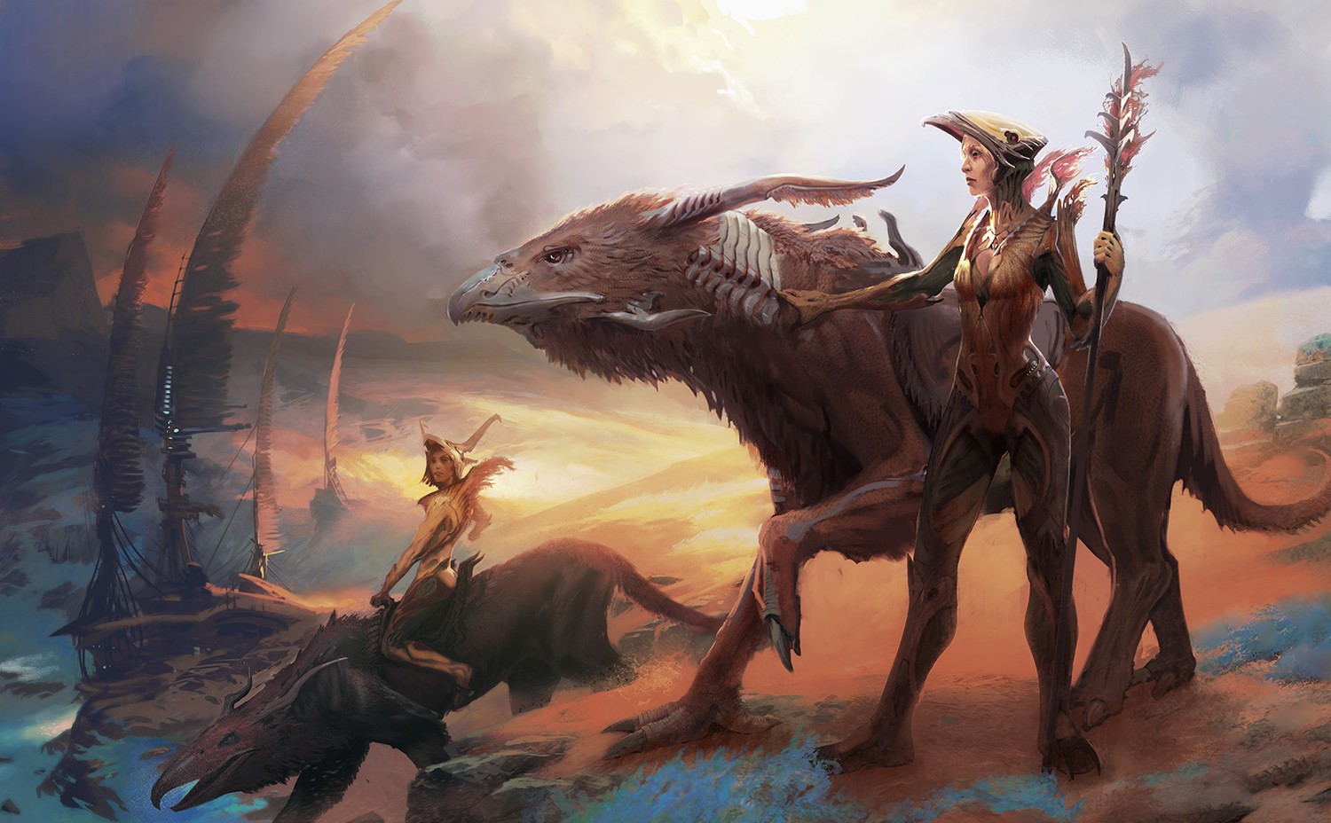Fantasy art of riders on alien creatures HD Wallpaper