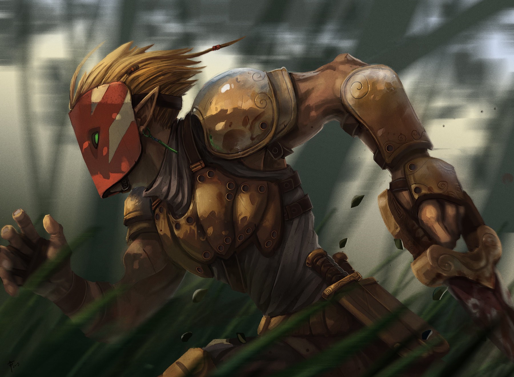 Fantasy warrior with mask running through grass HD Wallpaper