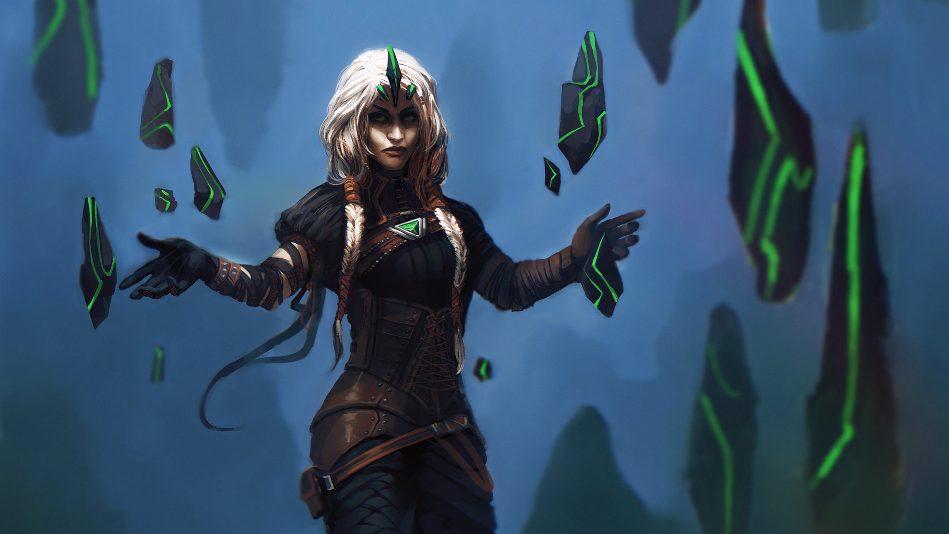 Fantasy art of a woman with white hair and glowing stones HD Wallpaper