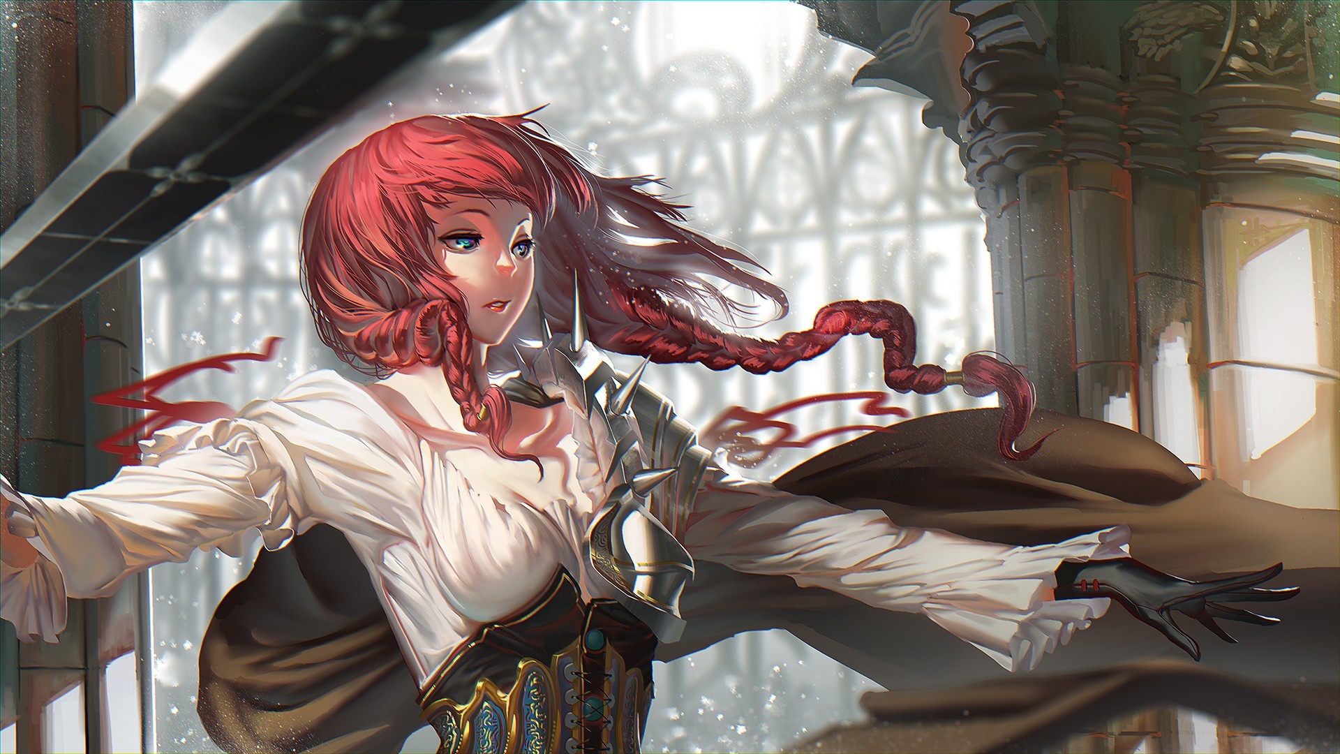 Redhead knight with sword in ornate hall HD Wallpaper