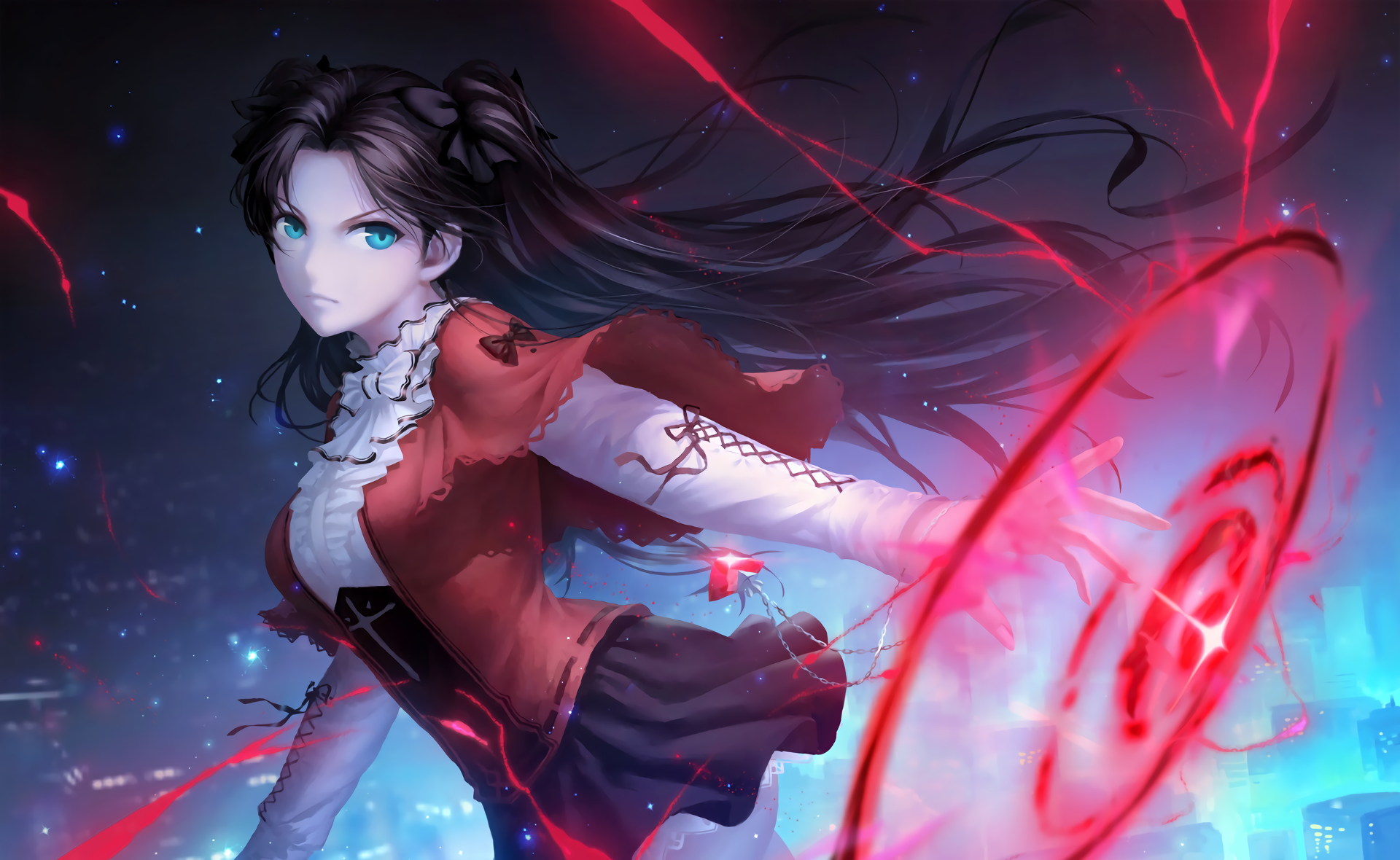 Tohsaka Rin casting a spell with red energy HD Wallpaper