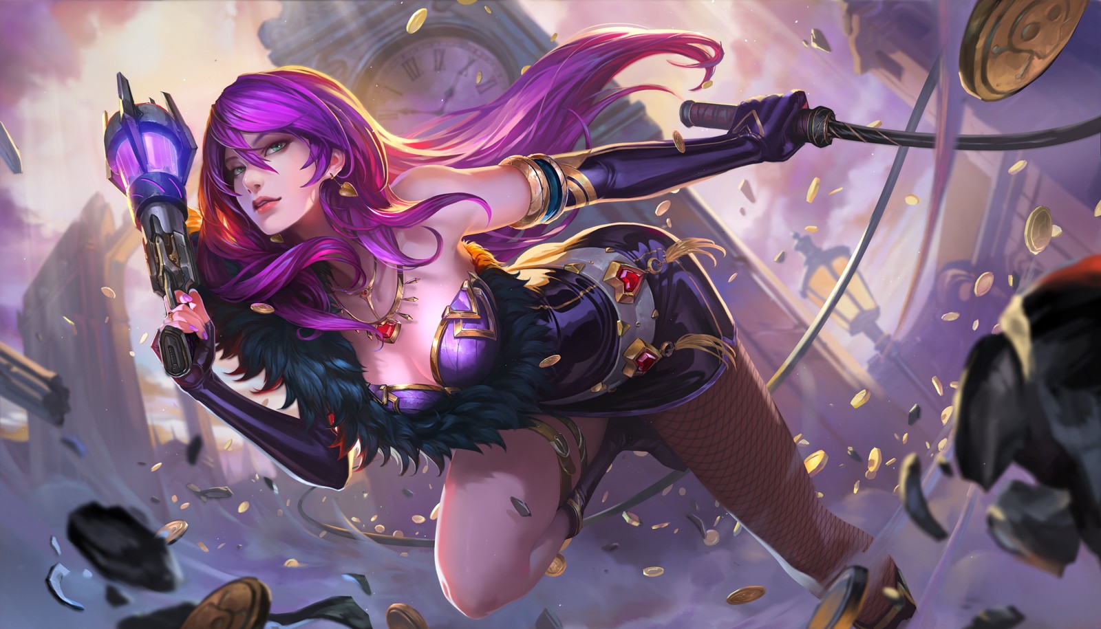 Fantasy art of a woman with purple hair holding a gun HD Wallpaper