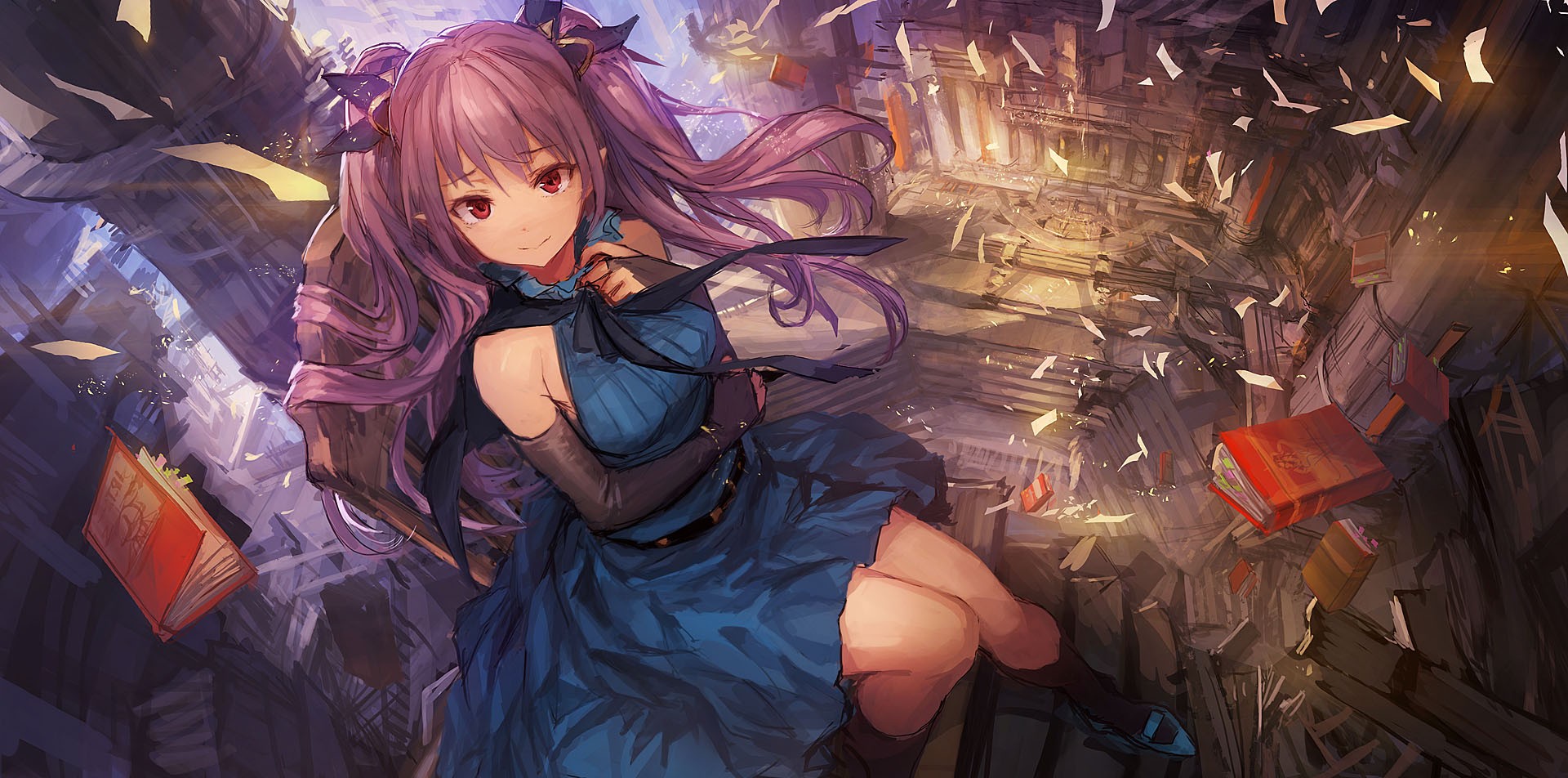 Fantasy art of a girl with purple hair in a library HD Wallpaper