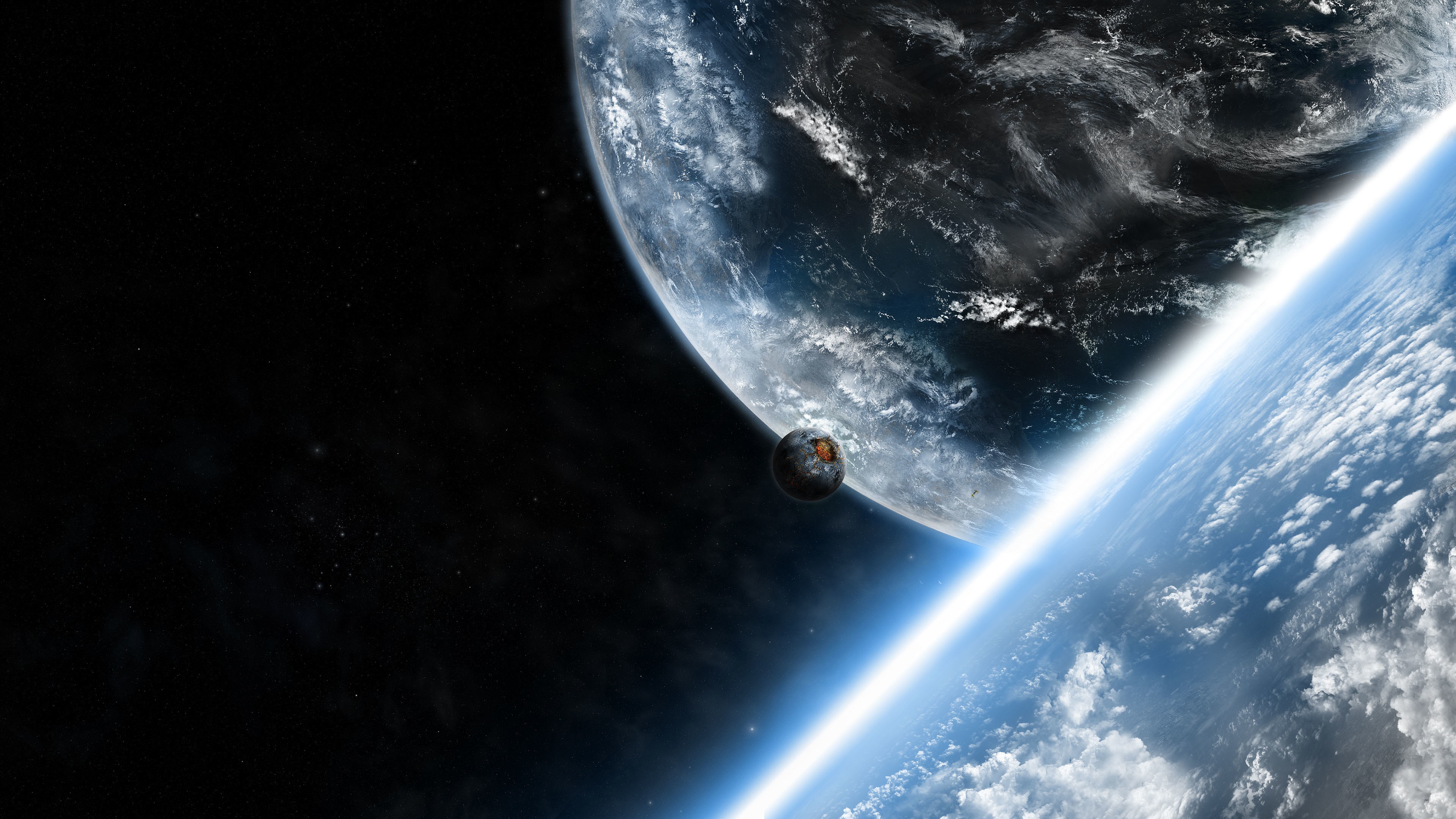 Two planets and a moon in space HD Wallpaper