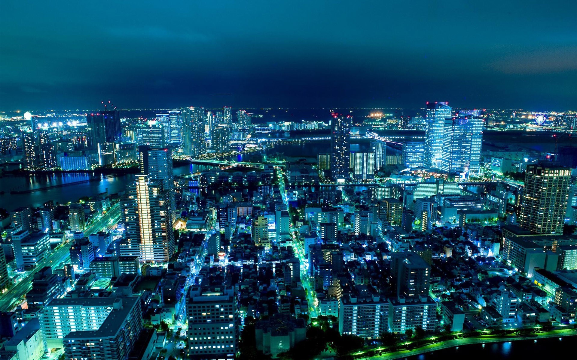 Blue city lights at night in Japan HD Wallpaper