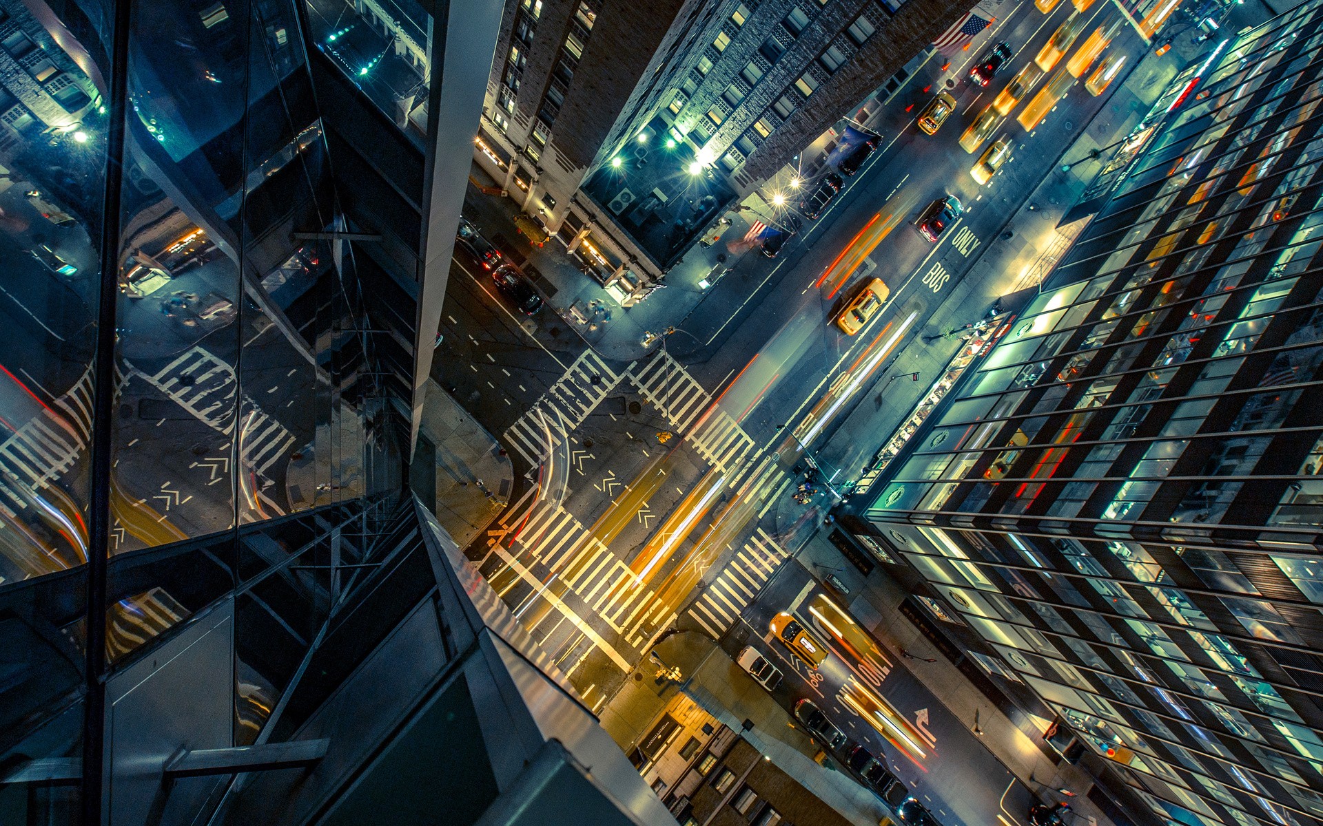 Aerial view of New York City street at night HD Wallpaper