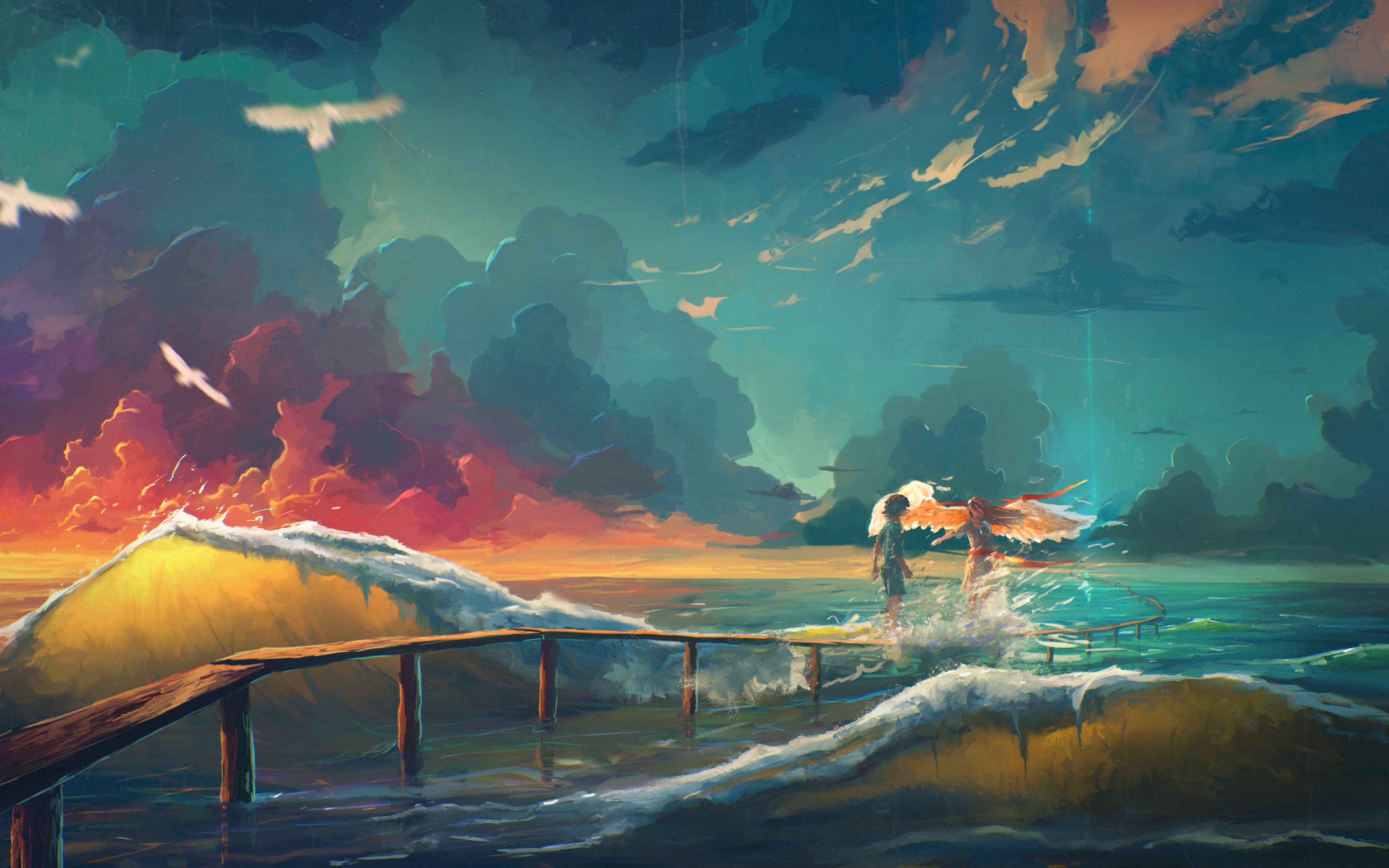 Fantasy art of a bridge over a stormy sea HD Wallpaper