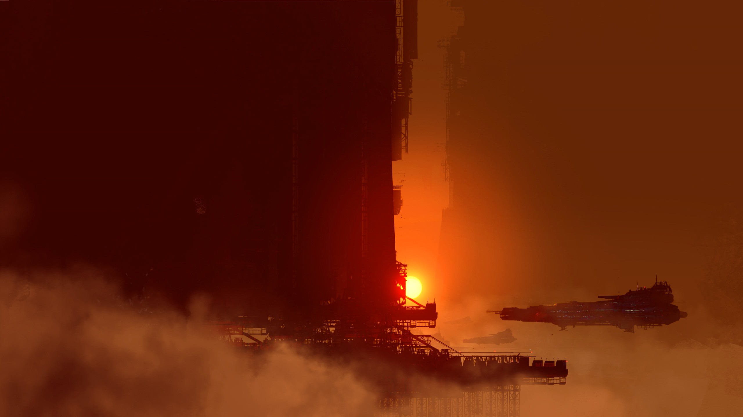 Futuristic spaceship near a massive building at sunset HD Wallpaper