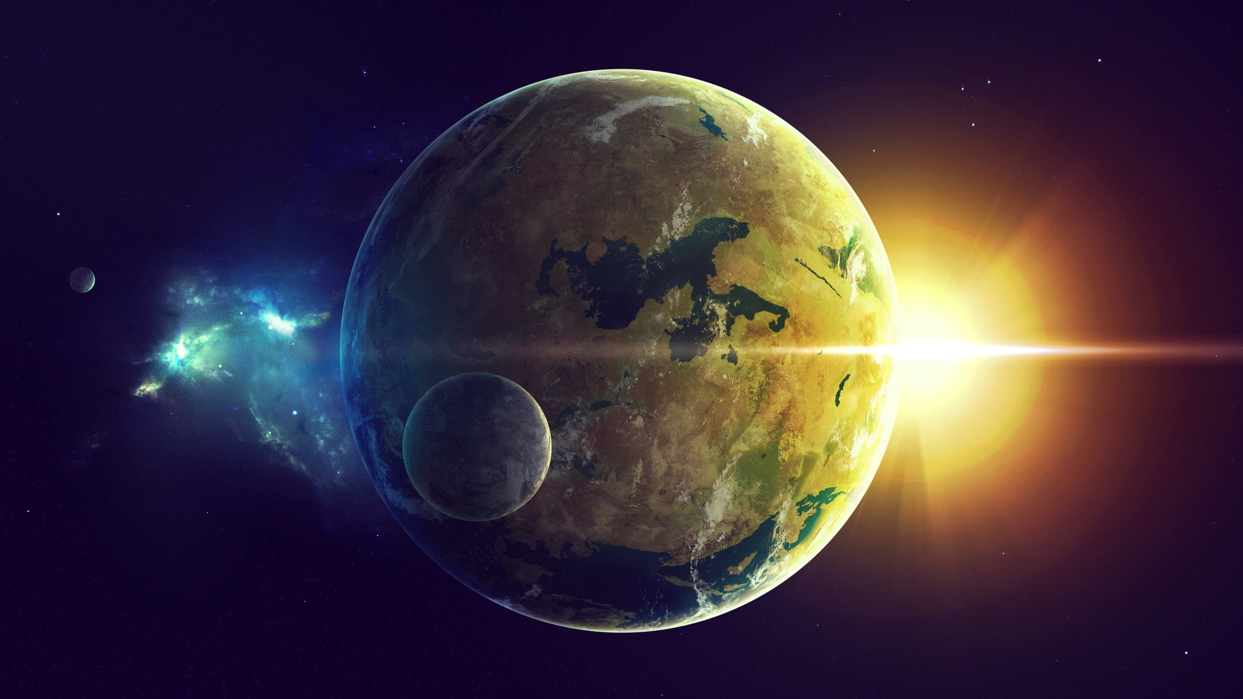 A planet and its moon illuminated by a bright sun HD Wallpaper