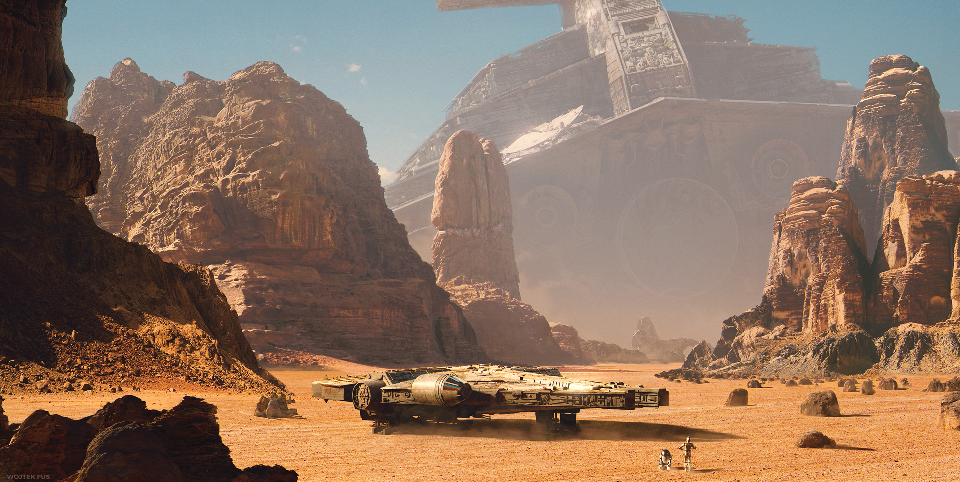 Millennium Falcon and droids on desert planet with Star Destroyer HD Wallpaper