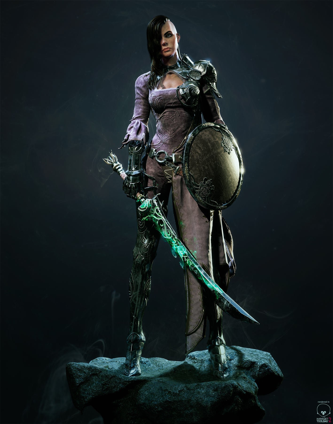 3D fan art of a warrior woman with a sword and shield HD Wallpaper