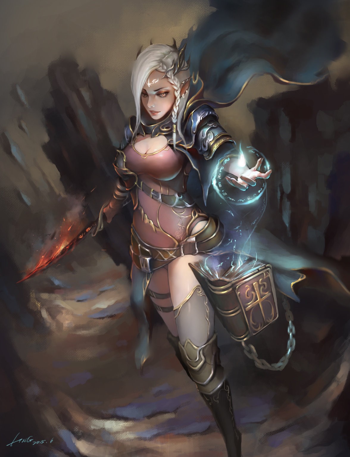 Elf sorceress with glowing magic and fiery sword HD Wallpaper