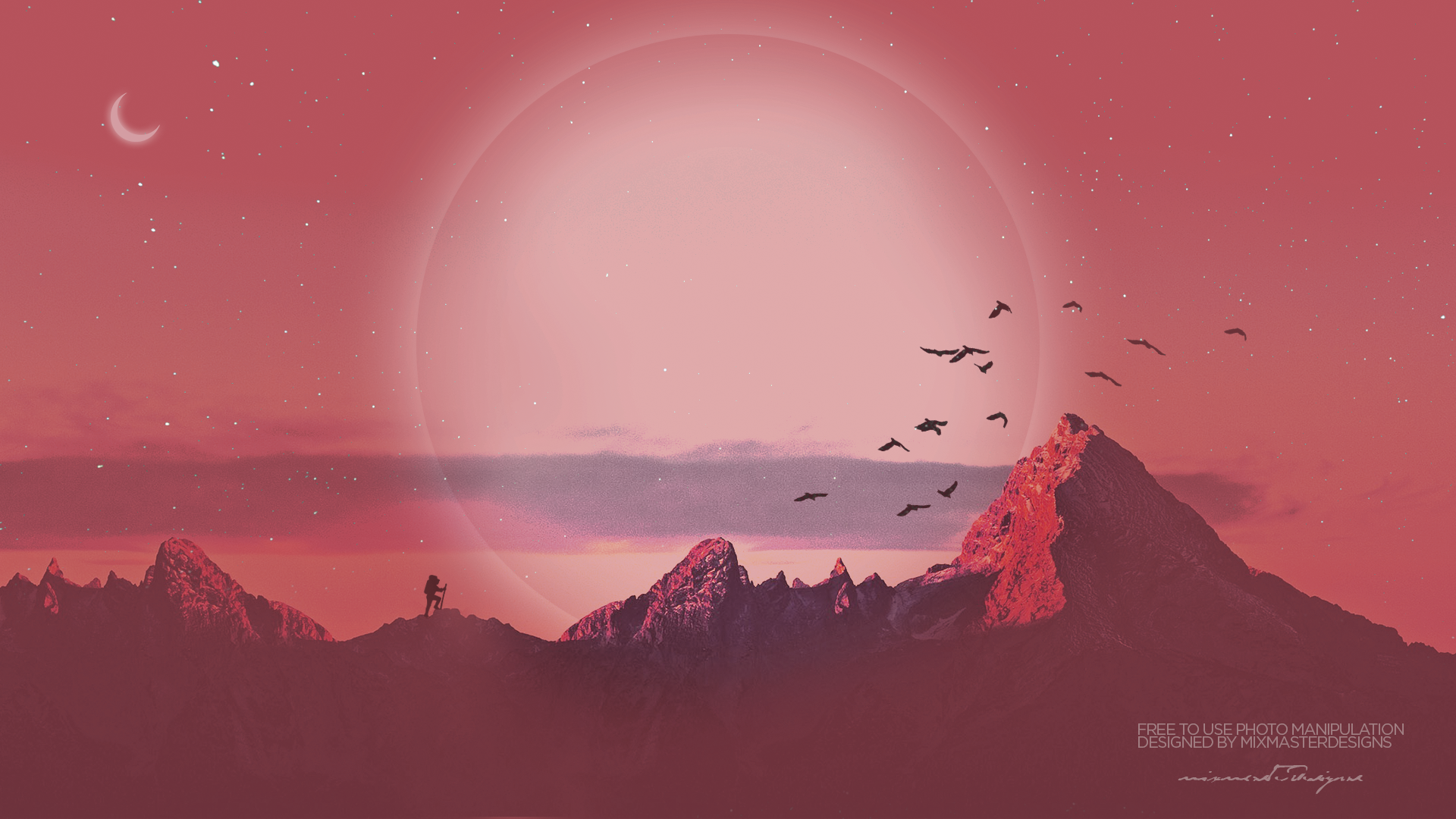 Surreal mountain landscape with a large sun and moon HD Wallpaper