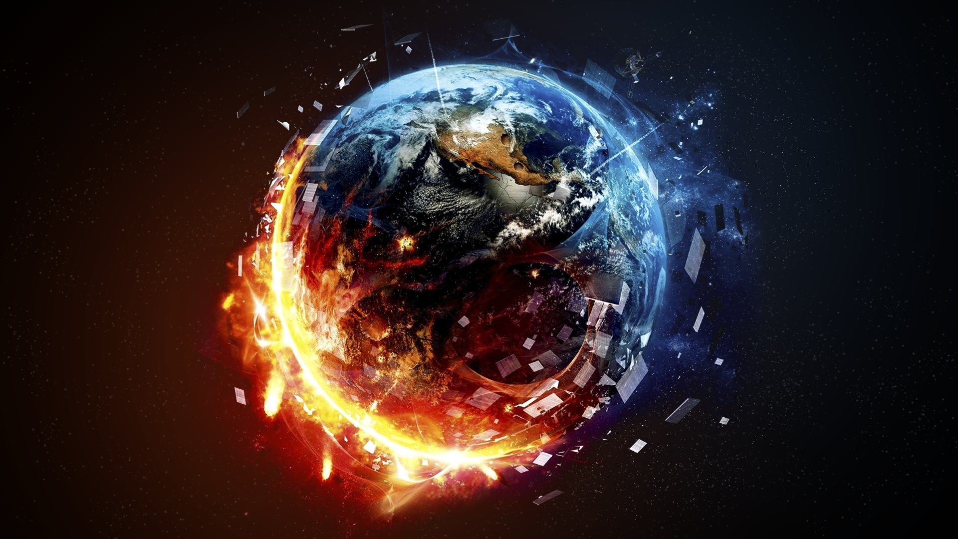 Earth in flames and ice with debris HD Wallpaper