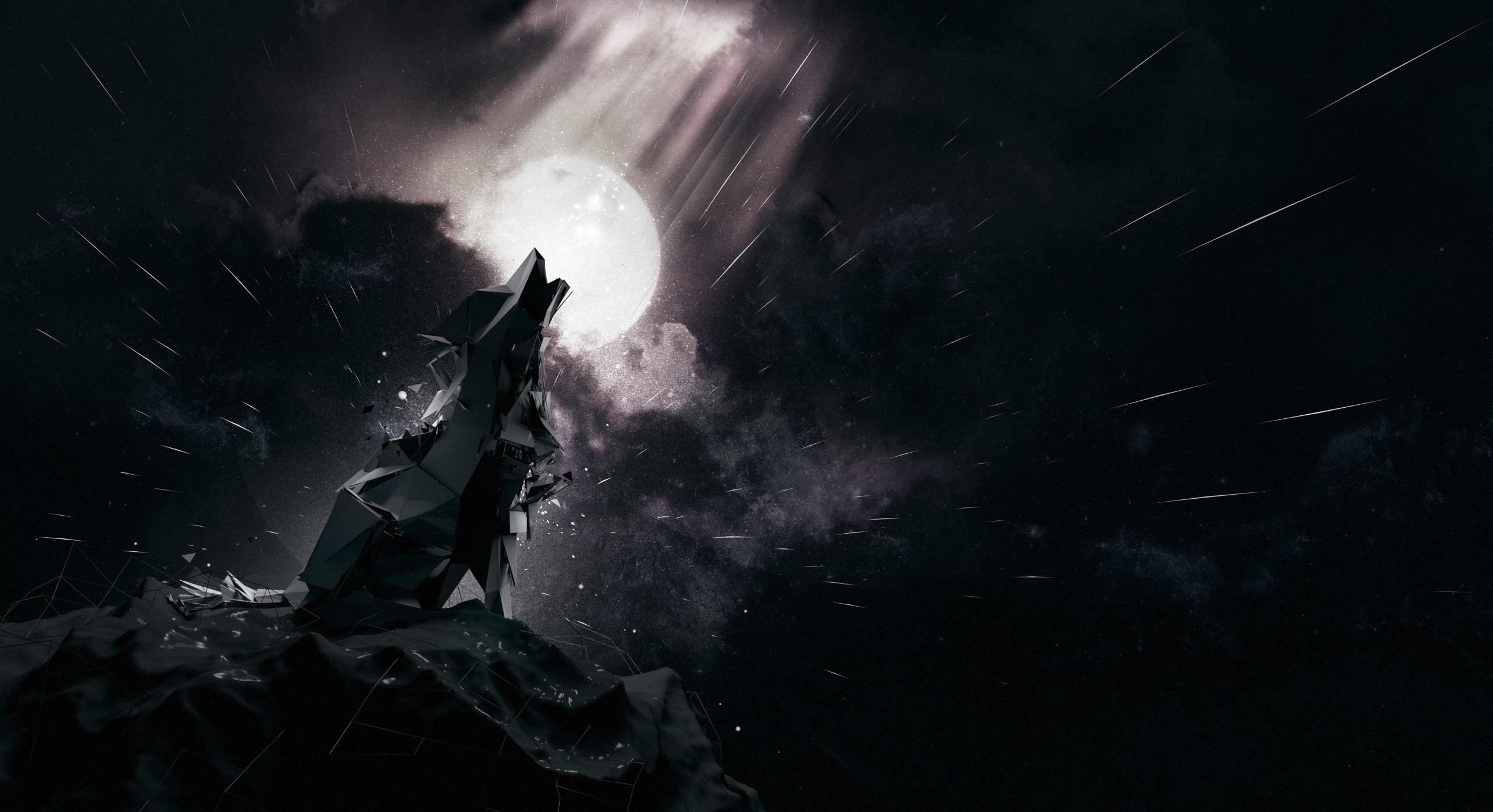 Geometric wolf howling at the moon during meteor shower HD Wallpaper