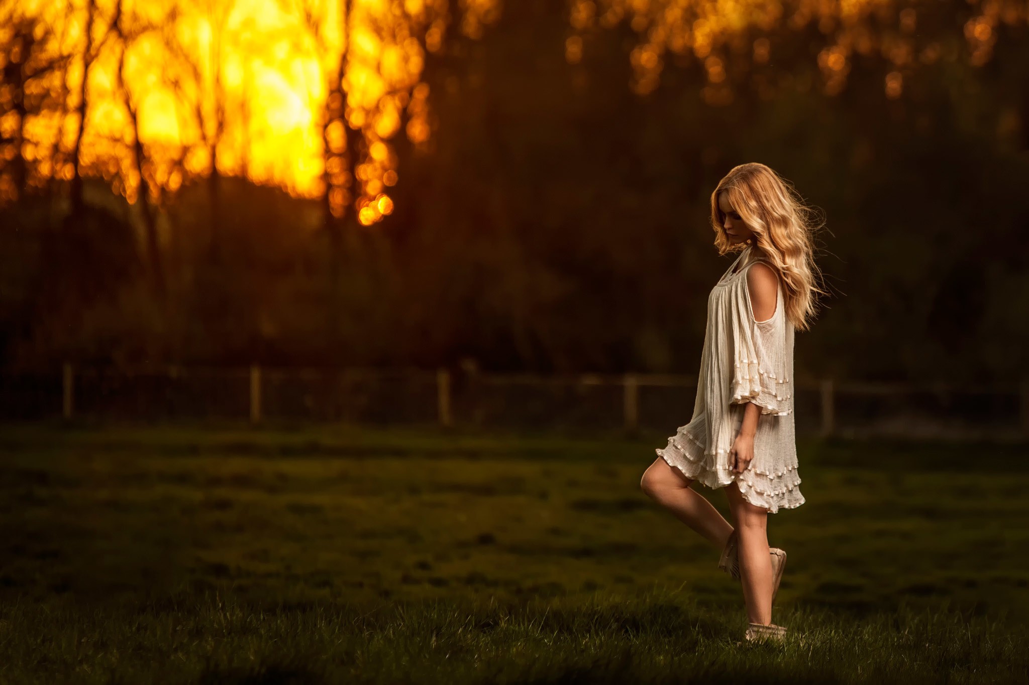 Woman in a dress standing in a field at sunset HD Wallpaper