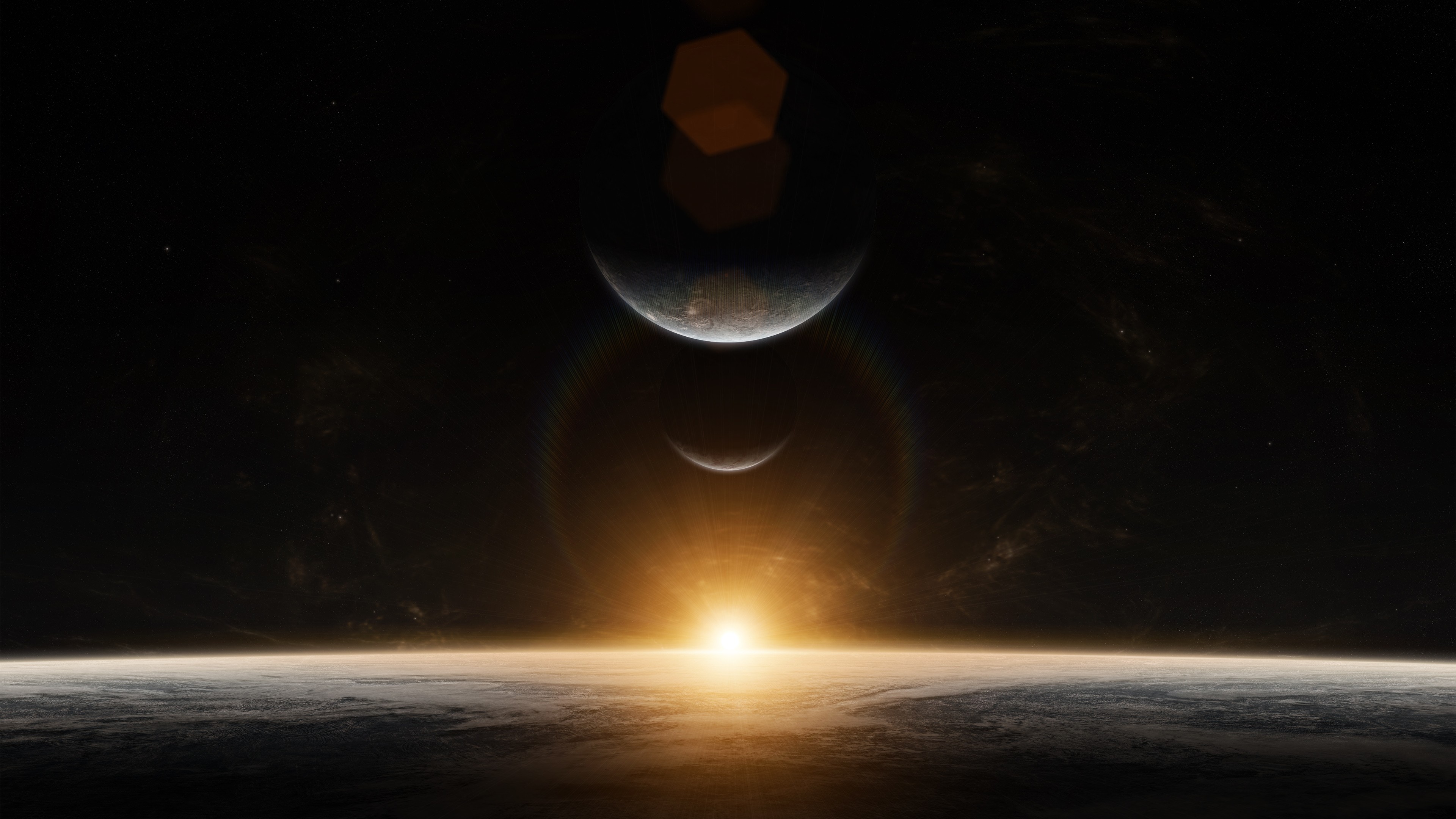 Sunrise over a planet with two moons HD Wallpaper