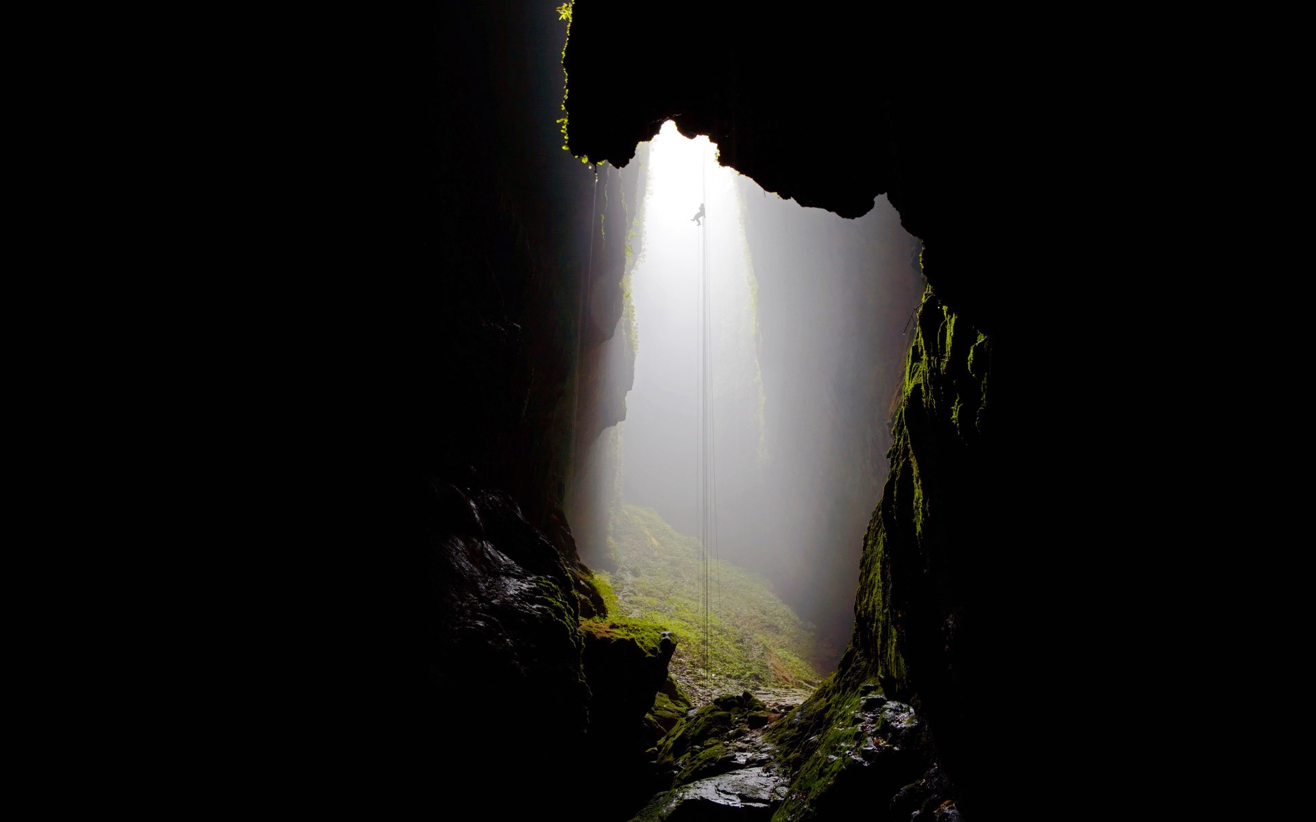 Person rappelling down into a mossy cave HD Wallpaper