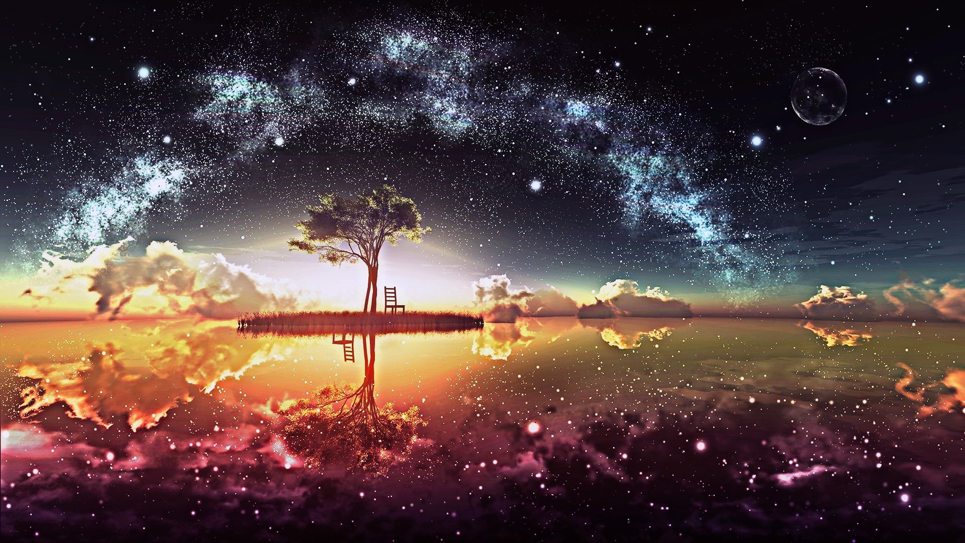 Fantasy art of a tree and chair under the Milky Way HD Wallpaper