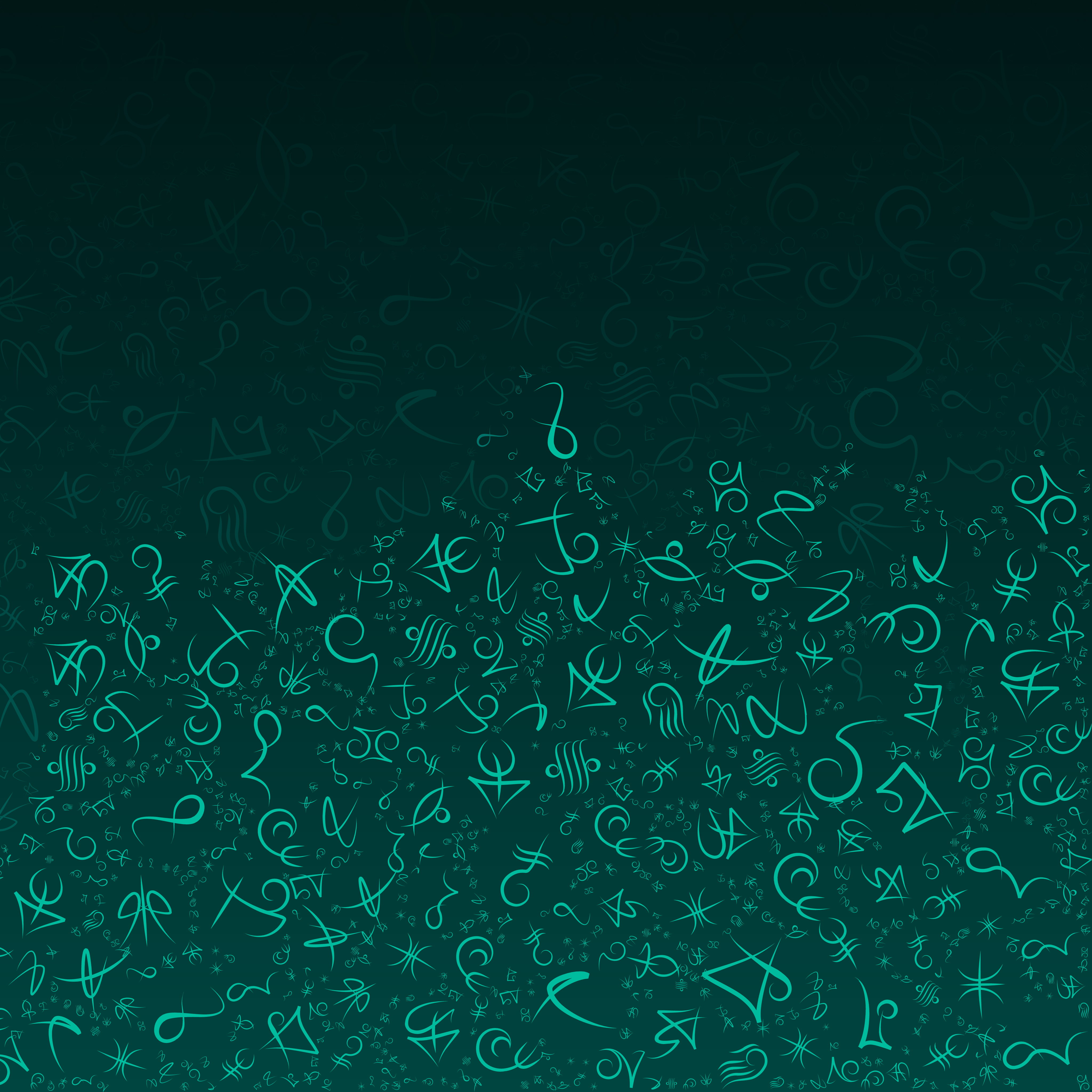 Teal mystical symbols on a dark teal gradient background HD Wallpaper
