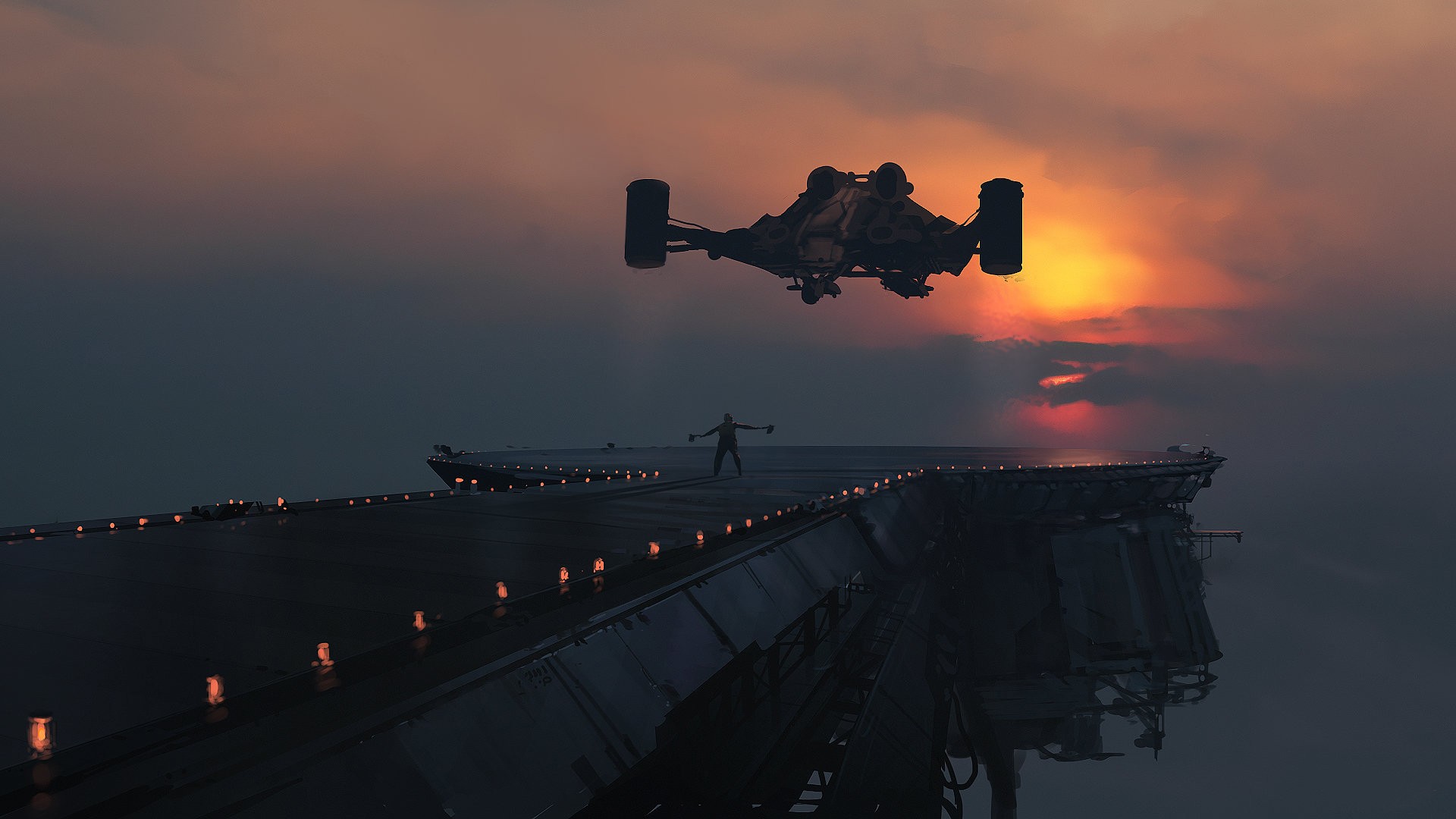 Science fiction aircraft flies over a platform at sunset HD Wallpaper