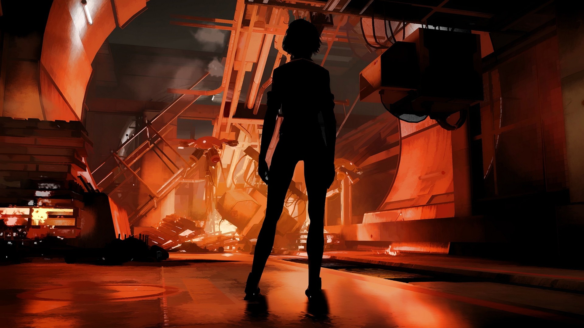 Silhouette of a woman in a futuristic industrial setting HD Wallpaper