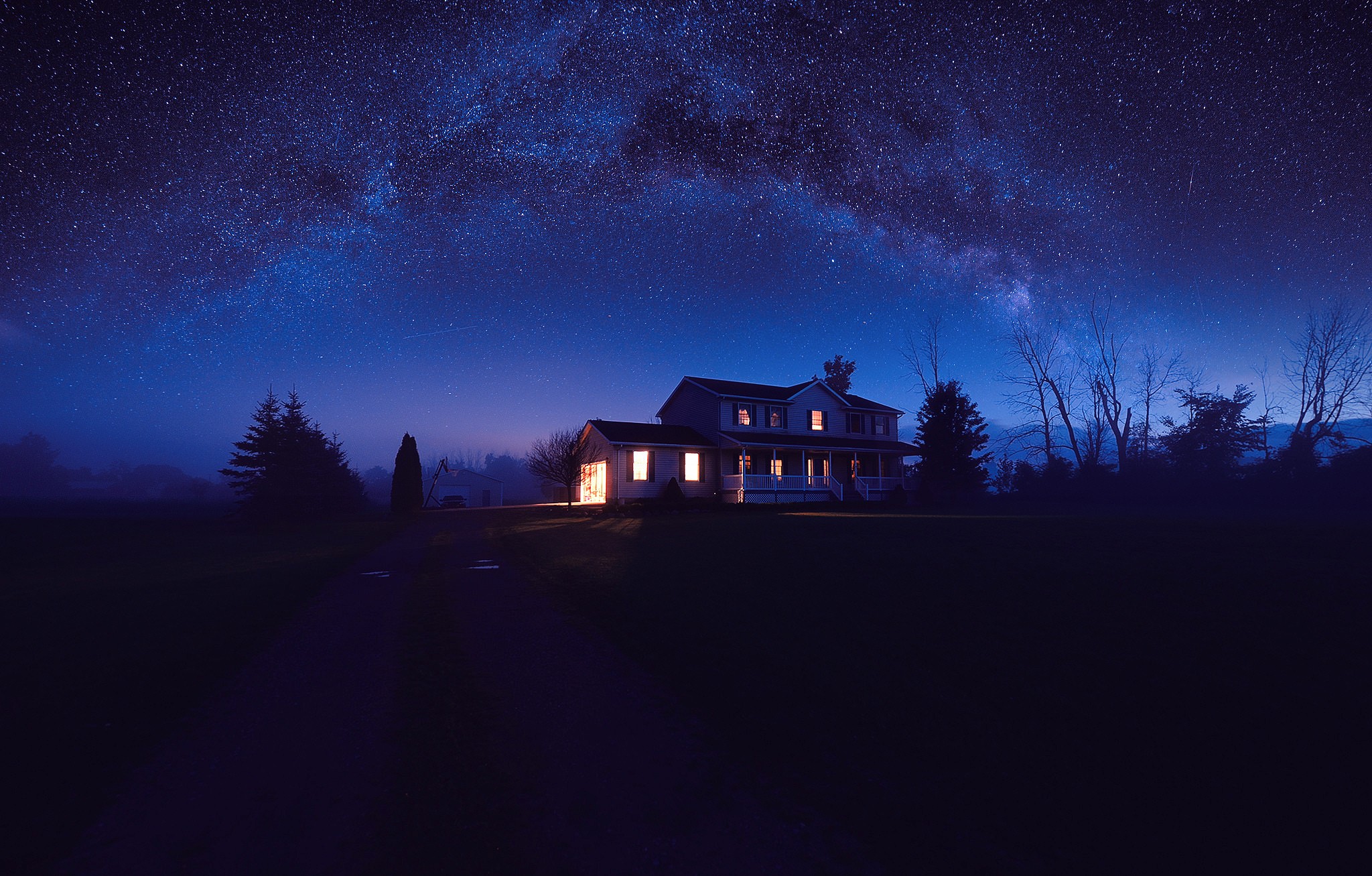 House under the Milky Way at night HD Wallpaper