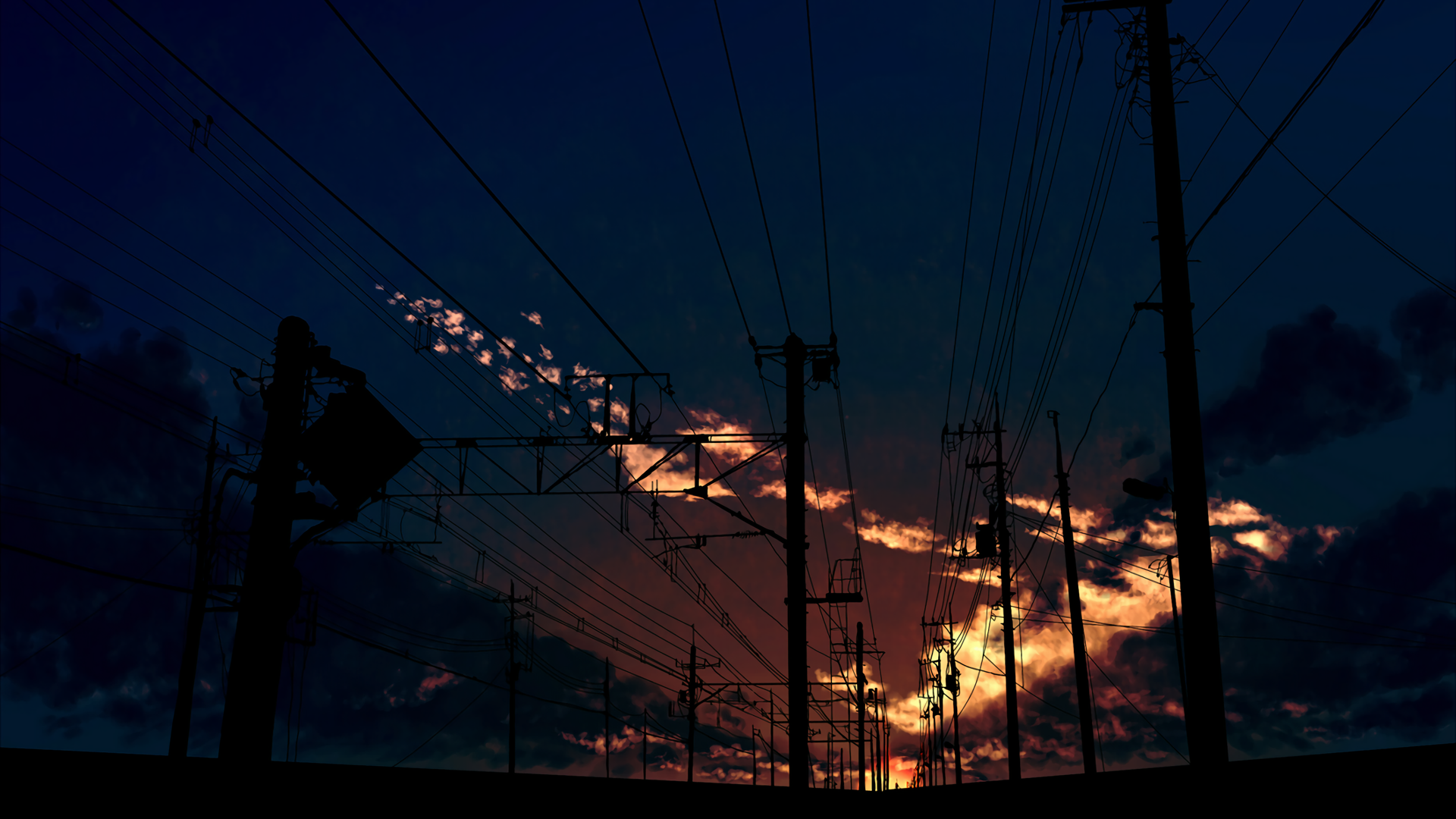 Silhouette of power lines against a sunset sky HD Wallpaper