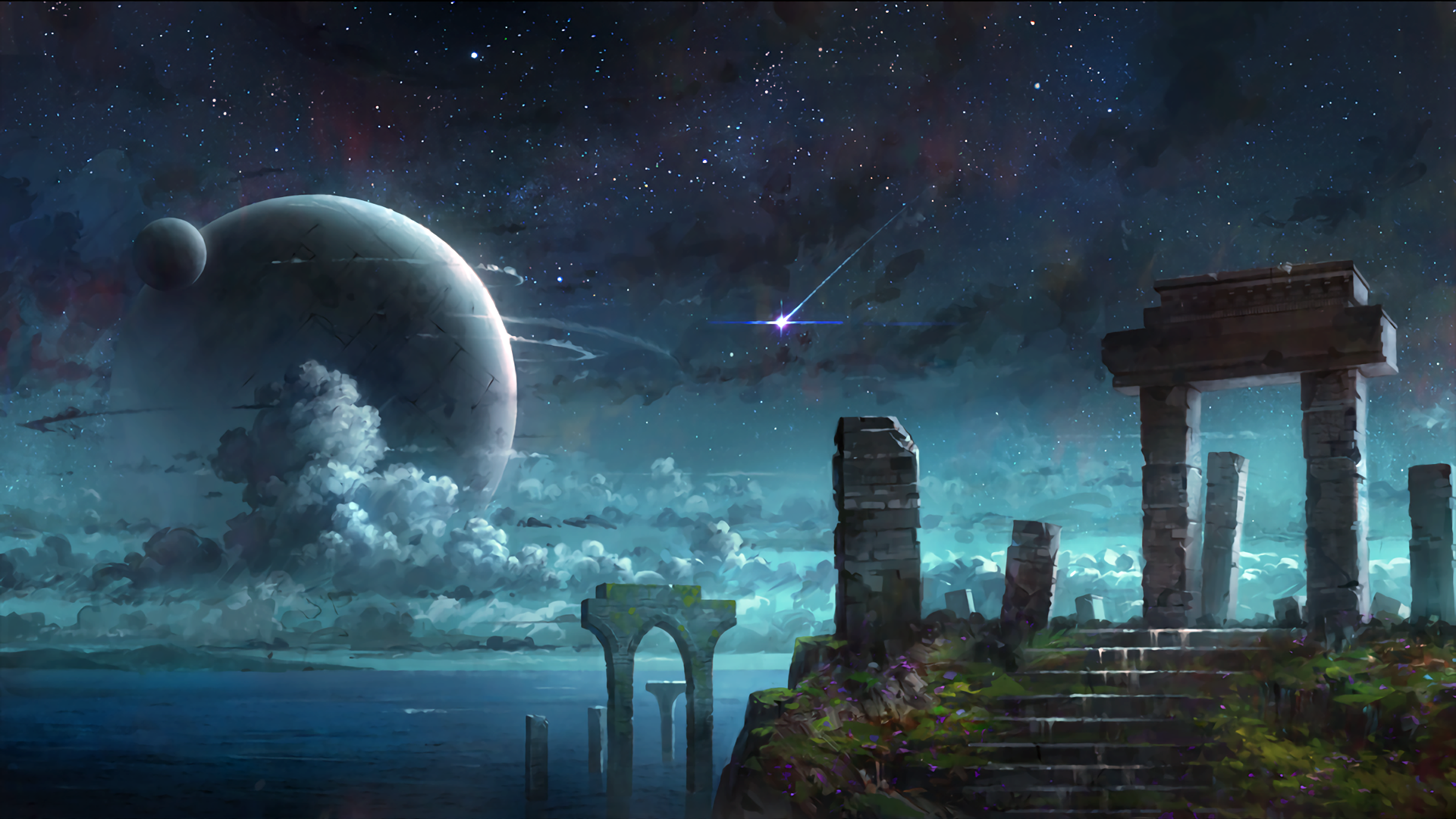 Fantasy ruins on a planet with two moons and a starry sky HD Wallpaper