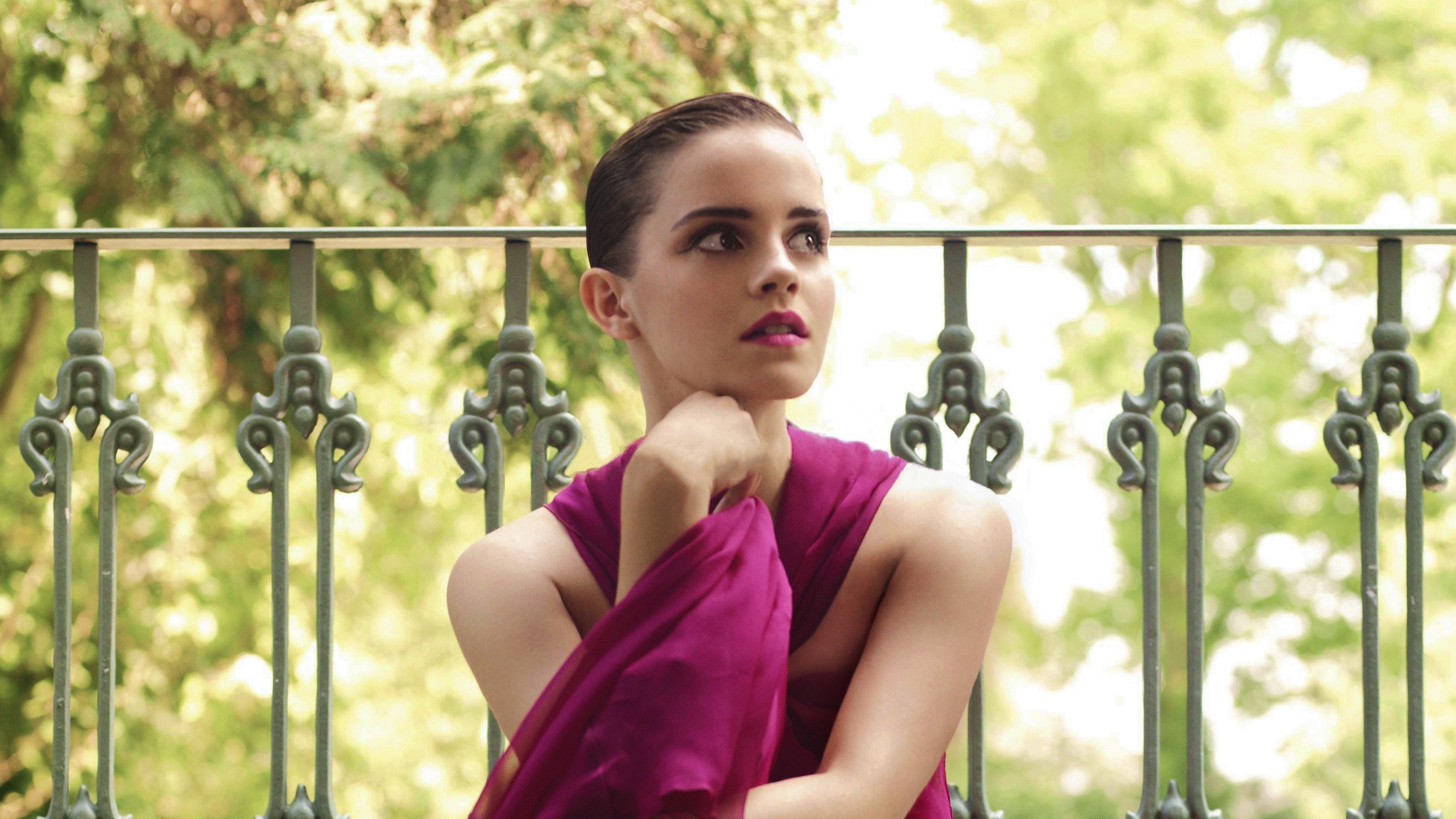 Emma Watson posing in a magenta dress HD Wallpaper