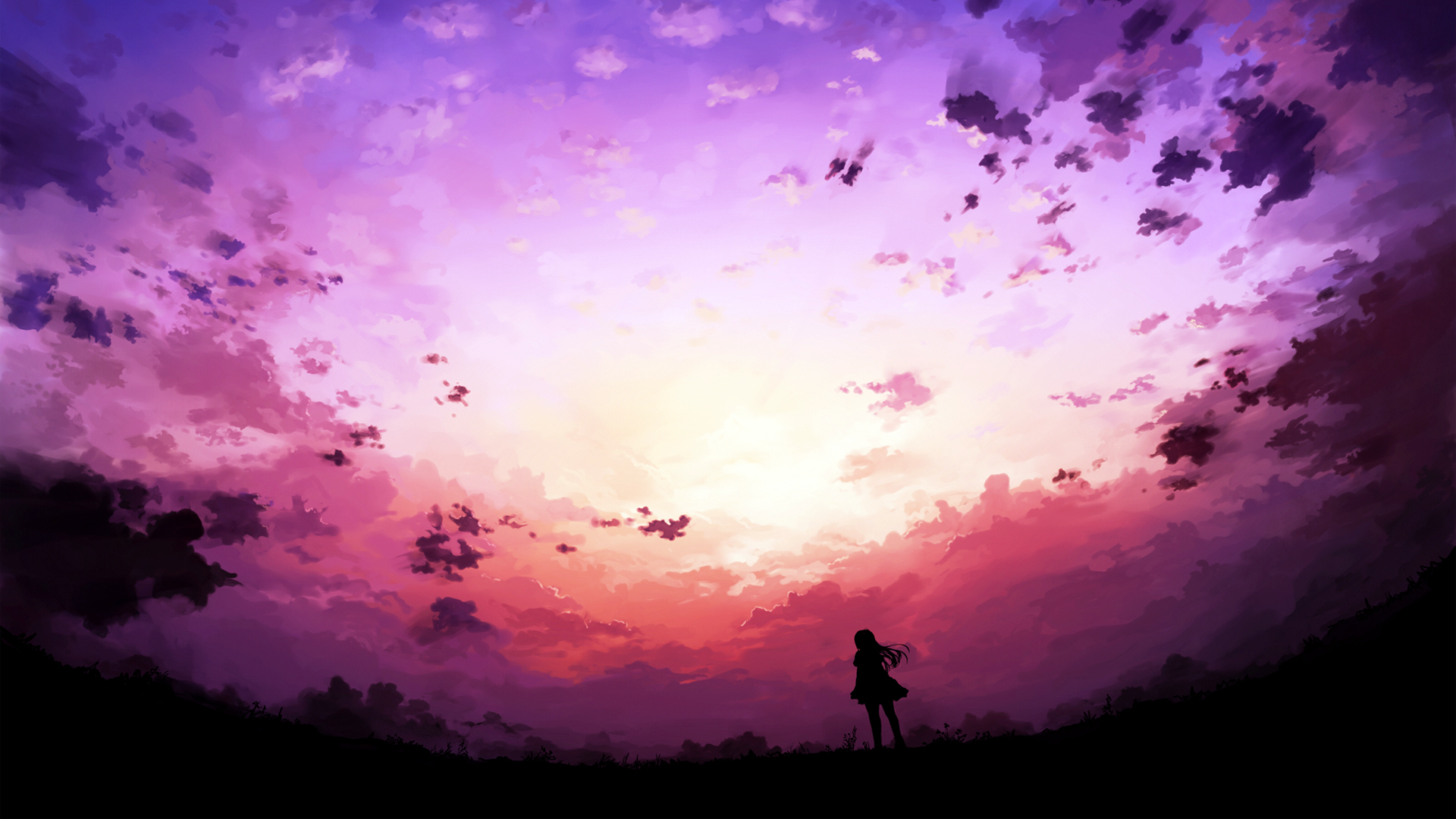 Girl silhouetted against a vibrant sunset sky HD Wallpaper
