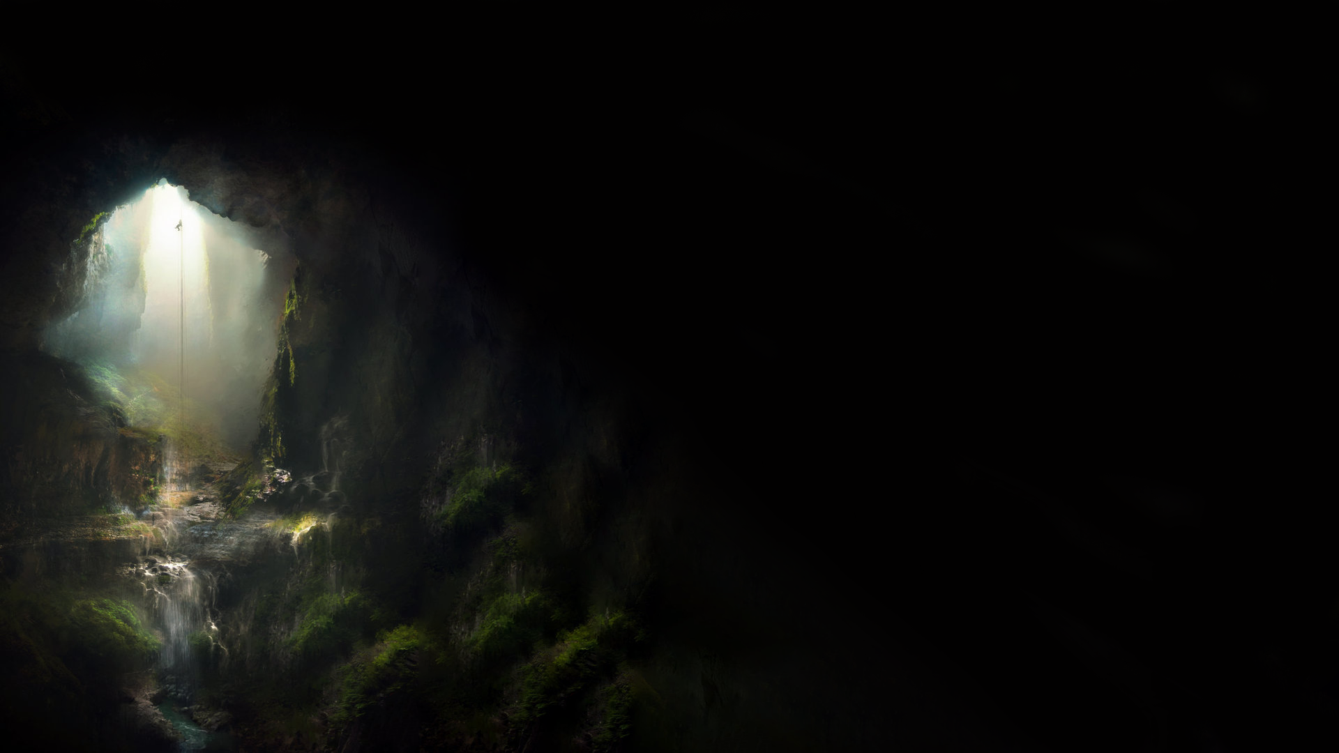 Person rappelling into a dark cave with waterfalls HD Wallpaper