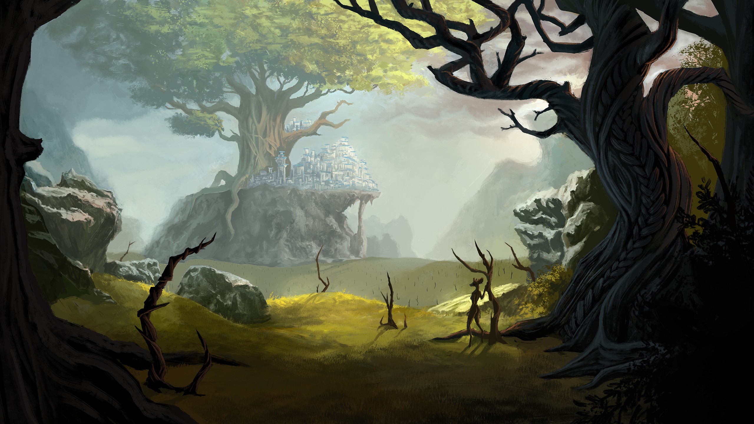 Fantasy forest with a city on a cliff HD Wallpaper