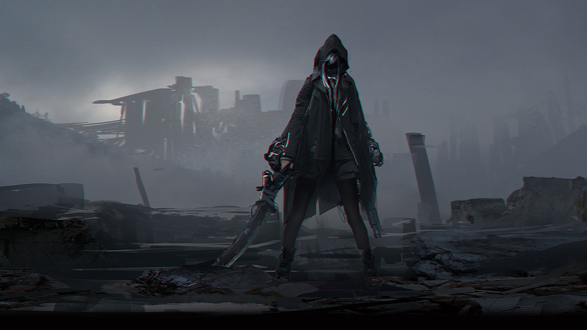 Apocalyptic cloaked figure with futuristic weapon in ruins HD Wallpaper