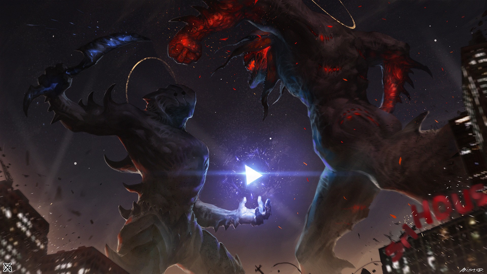 Two monstrous beings battle in a city at night HD Wallpaper