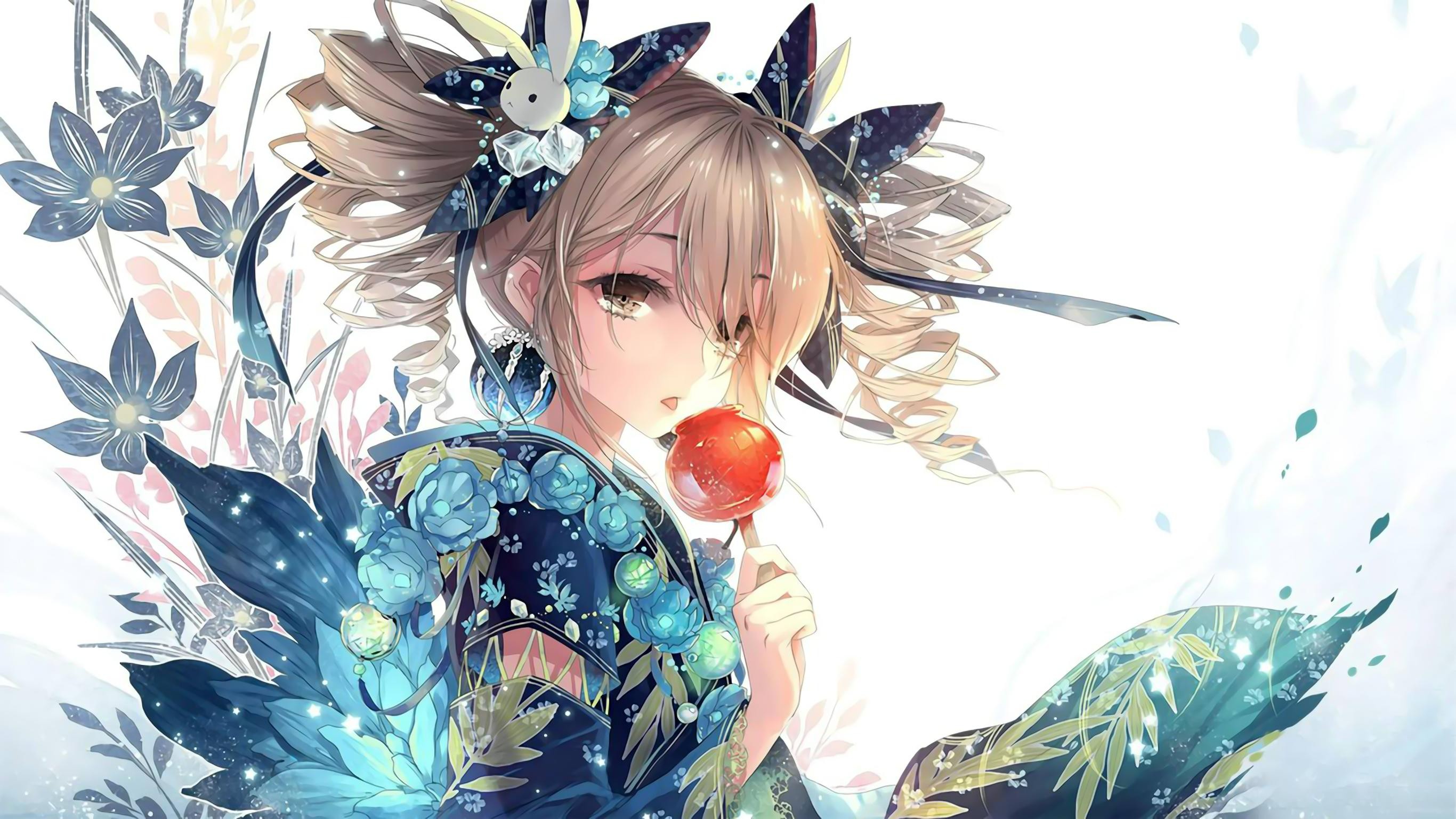 Anime girl in kimono holding a candy apple HD Wallpaper