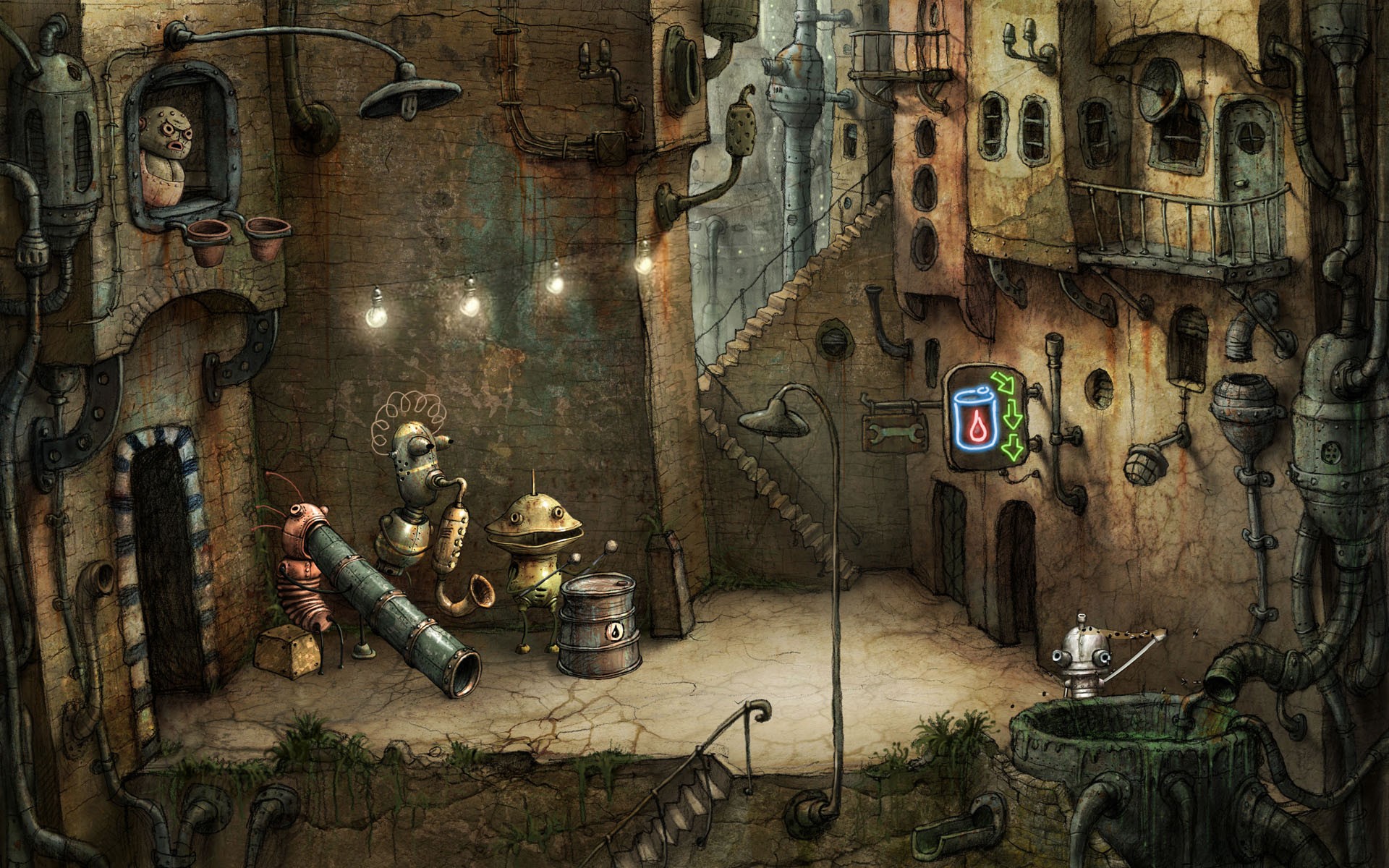 Machinarium robots in a steampunk city HD Wallpaper