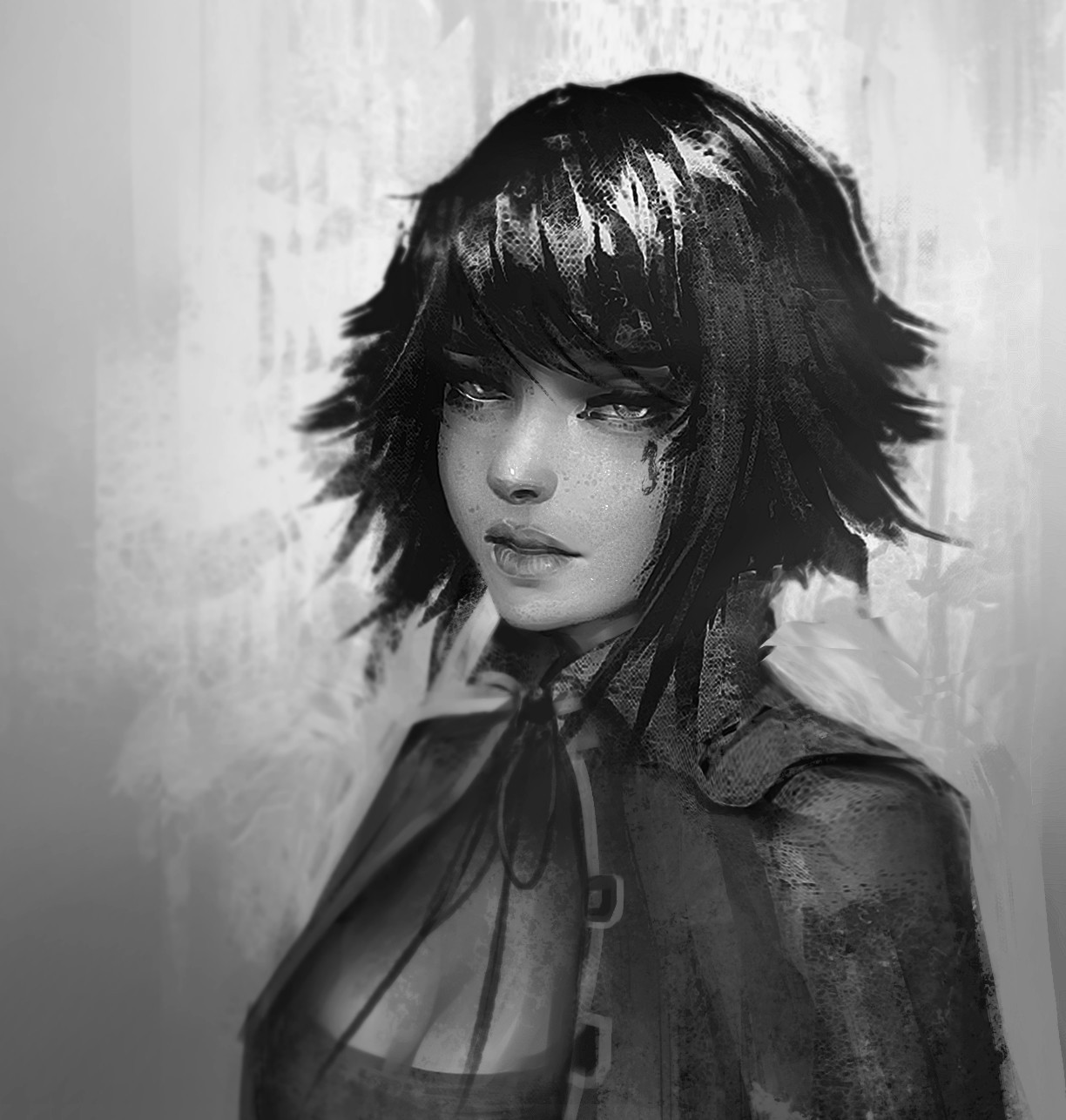 Anime girl with dark hair and cloak HD Wallpaper