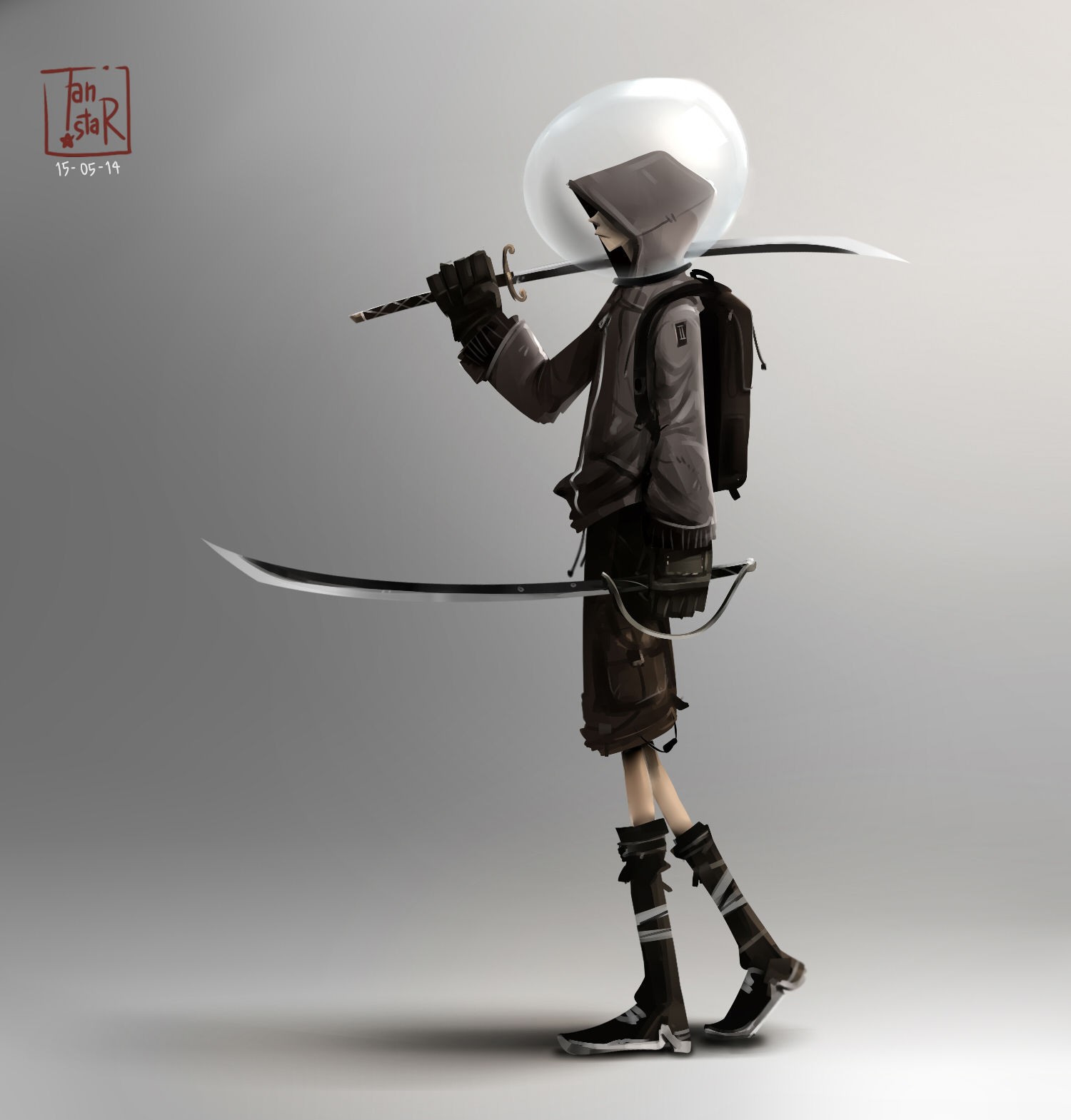 Anime character with swords and bubble helmet HD Wallpaper
